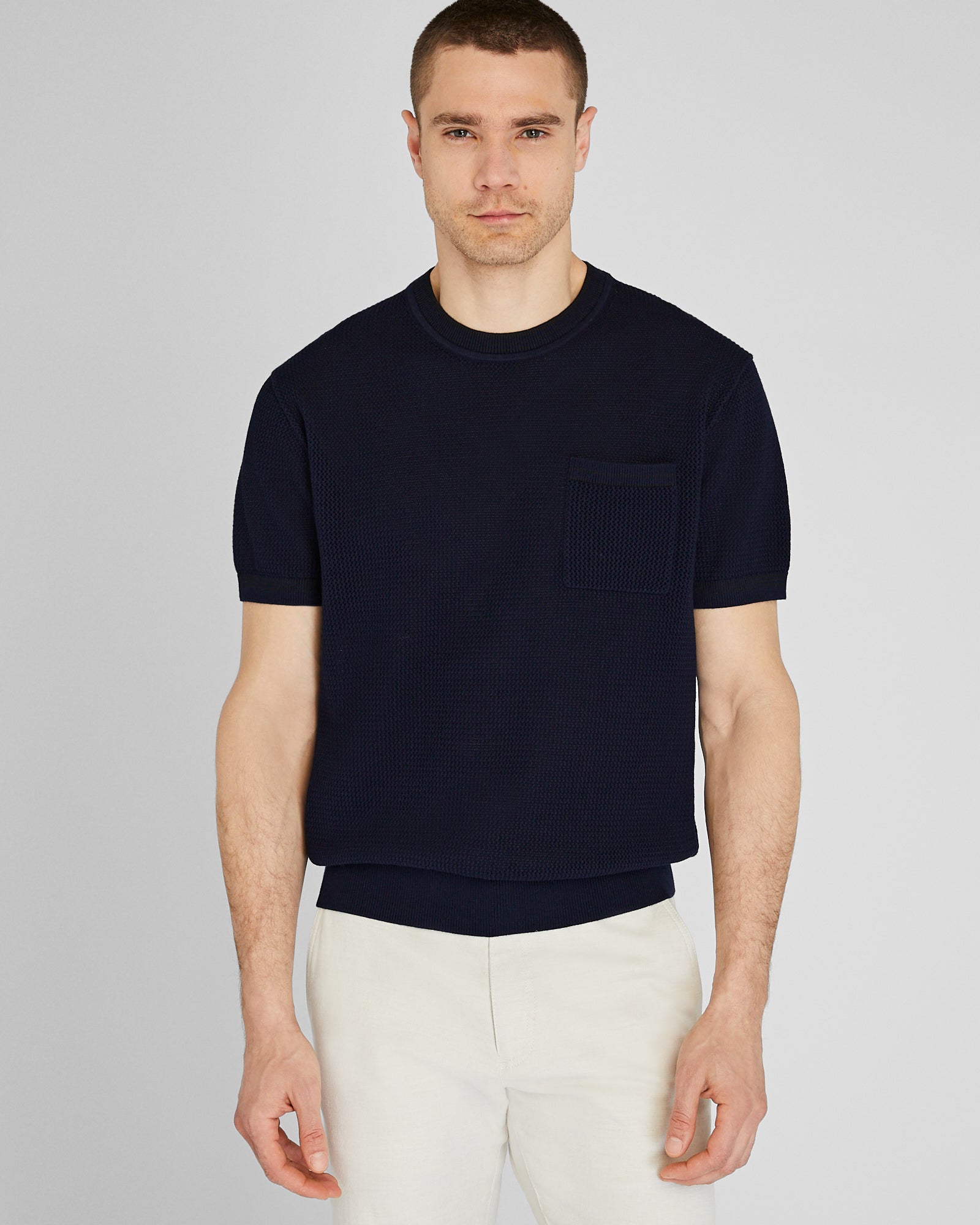 CLUB MONACO - Short-Sleeve Open Stitch Tipped Sweater - Dark Navy