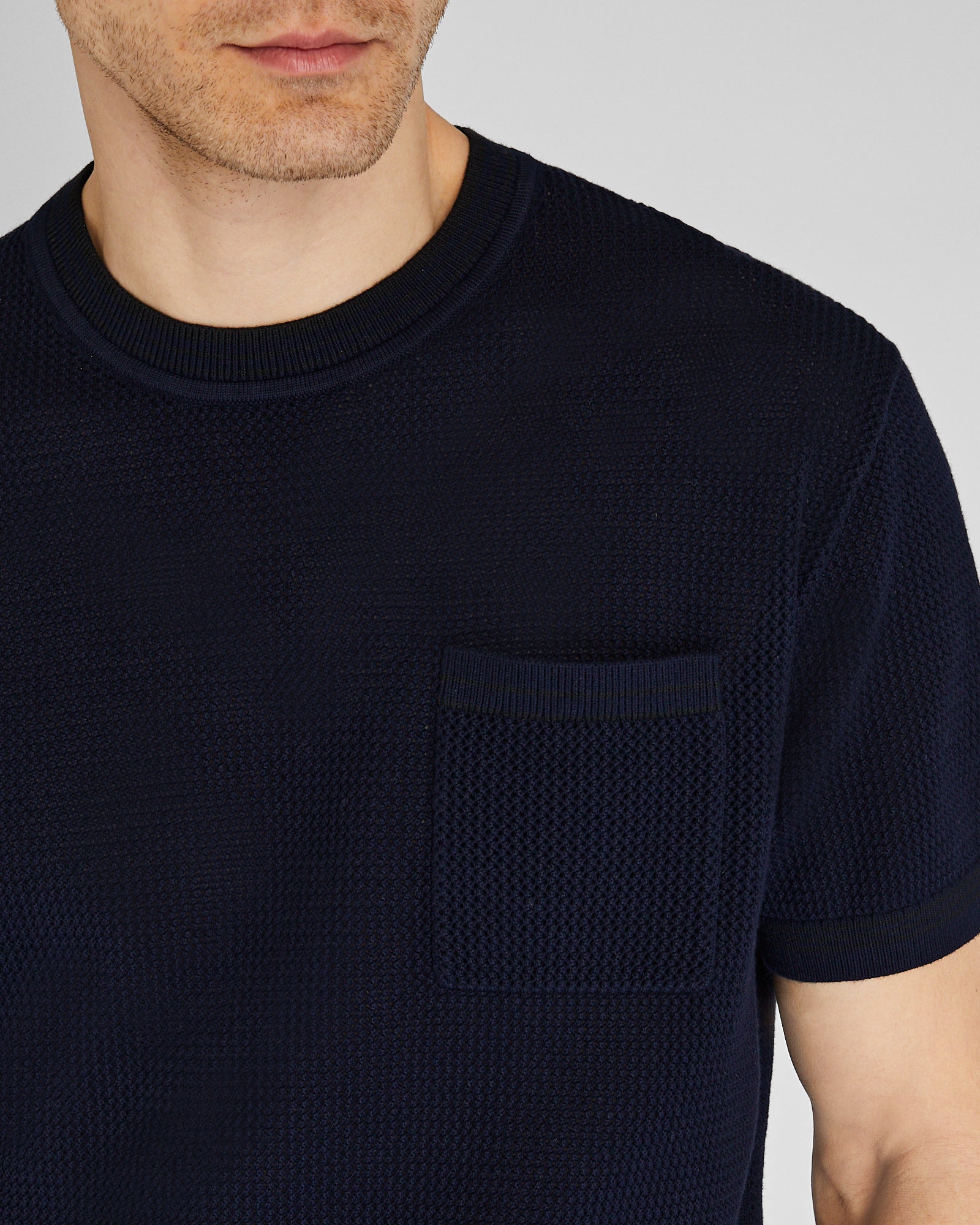 CLUB MONACO - Short-Sleeve Open Stitch Tipped Sweater - Dark Navy