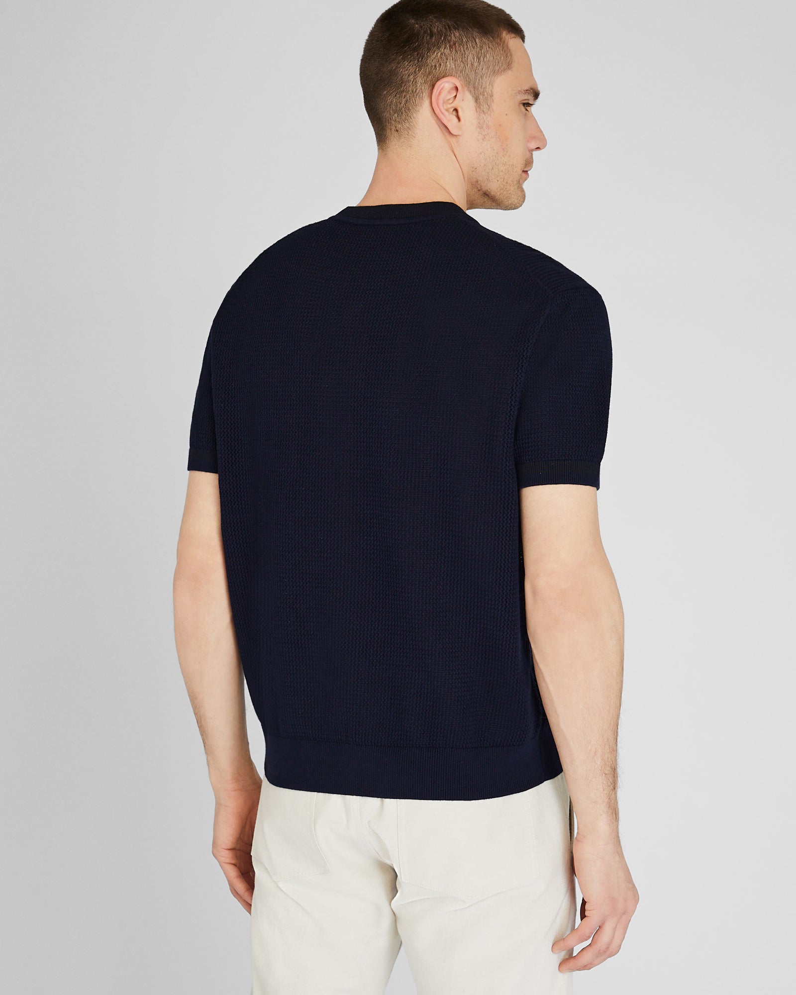 CLUB MONACO - Short-Sleeve Open Stitch Tipped Sweater - Dark Navy