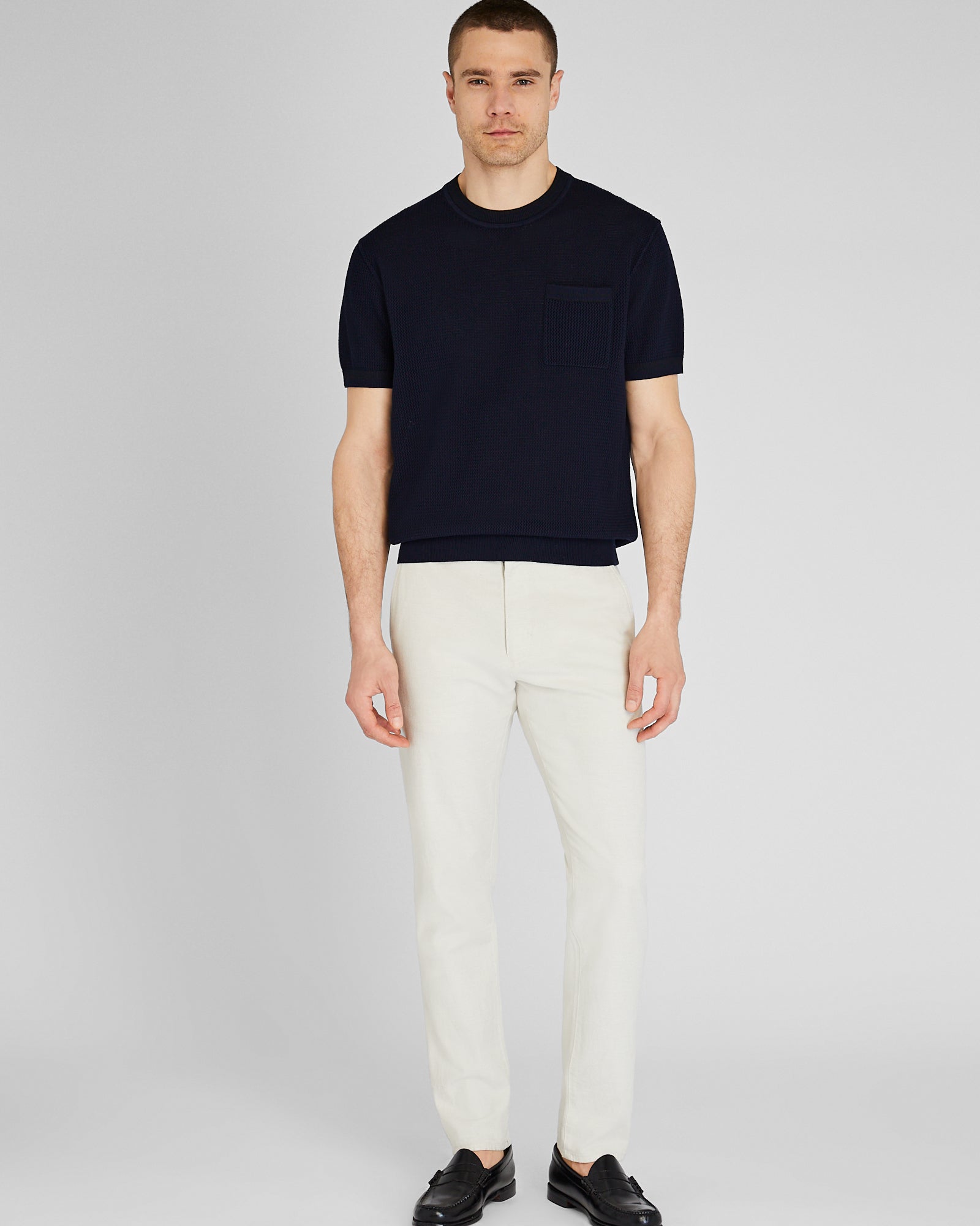 CLUB MONACO - Short-Sleeve Open Stitch Tipped Sweater - Dark Navy