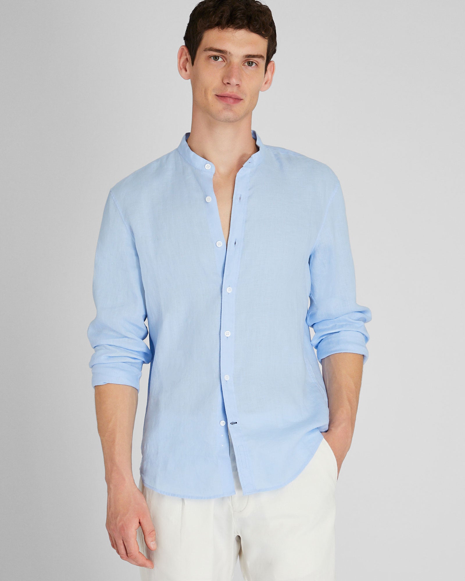 CLUB MONACO - Band Collar Linen Shirt - French Blue