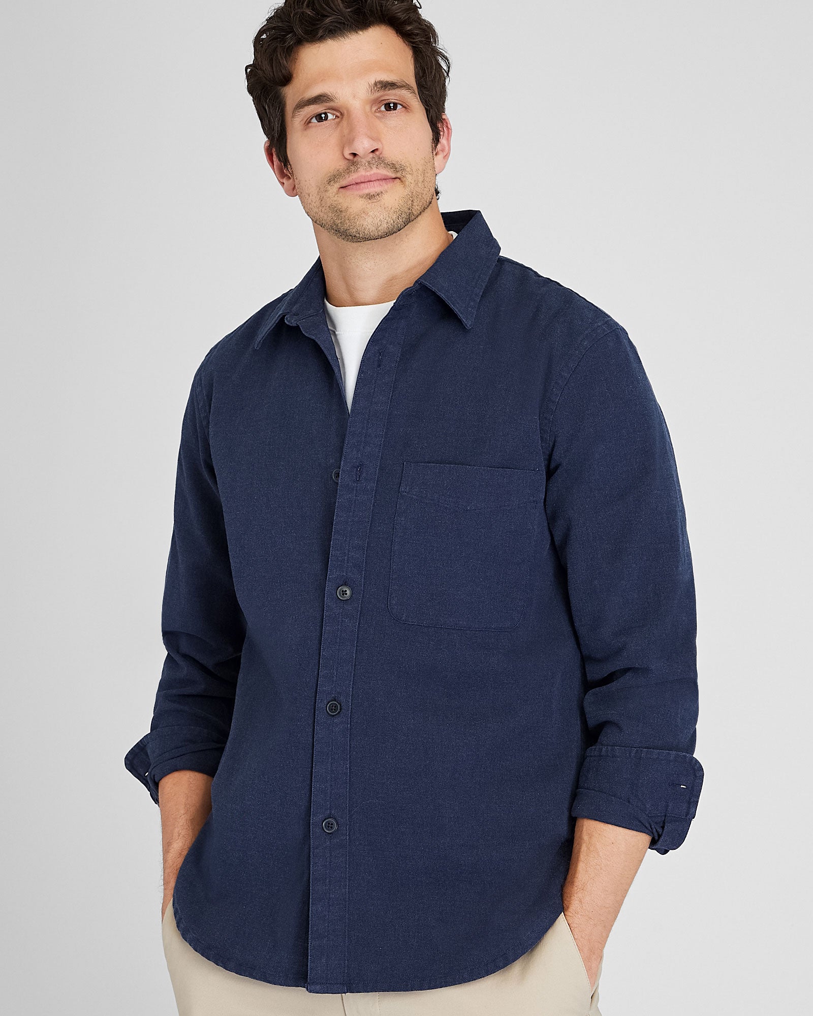 CLUB MONACO - Long Sleeve Heathered Standard Shirt - Bleu