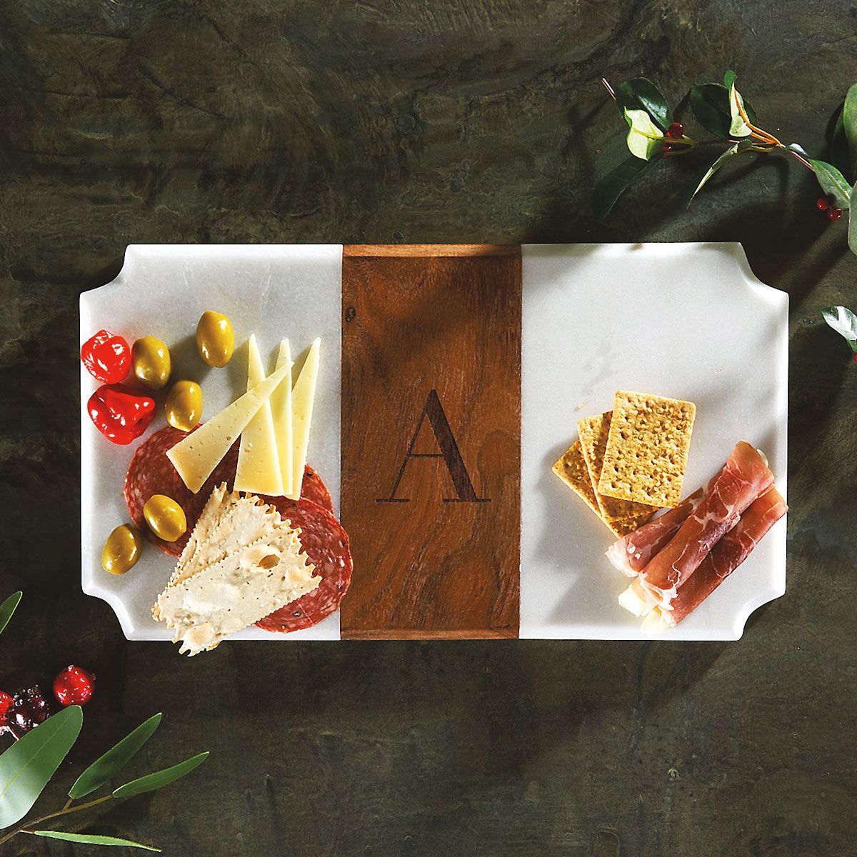 CLUB MONACO - White Marble & Wood Serving Board -