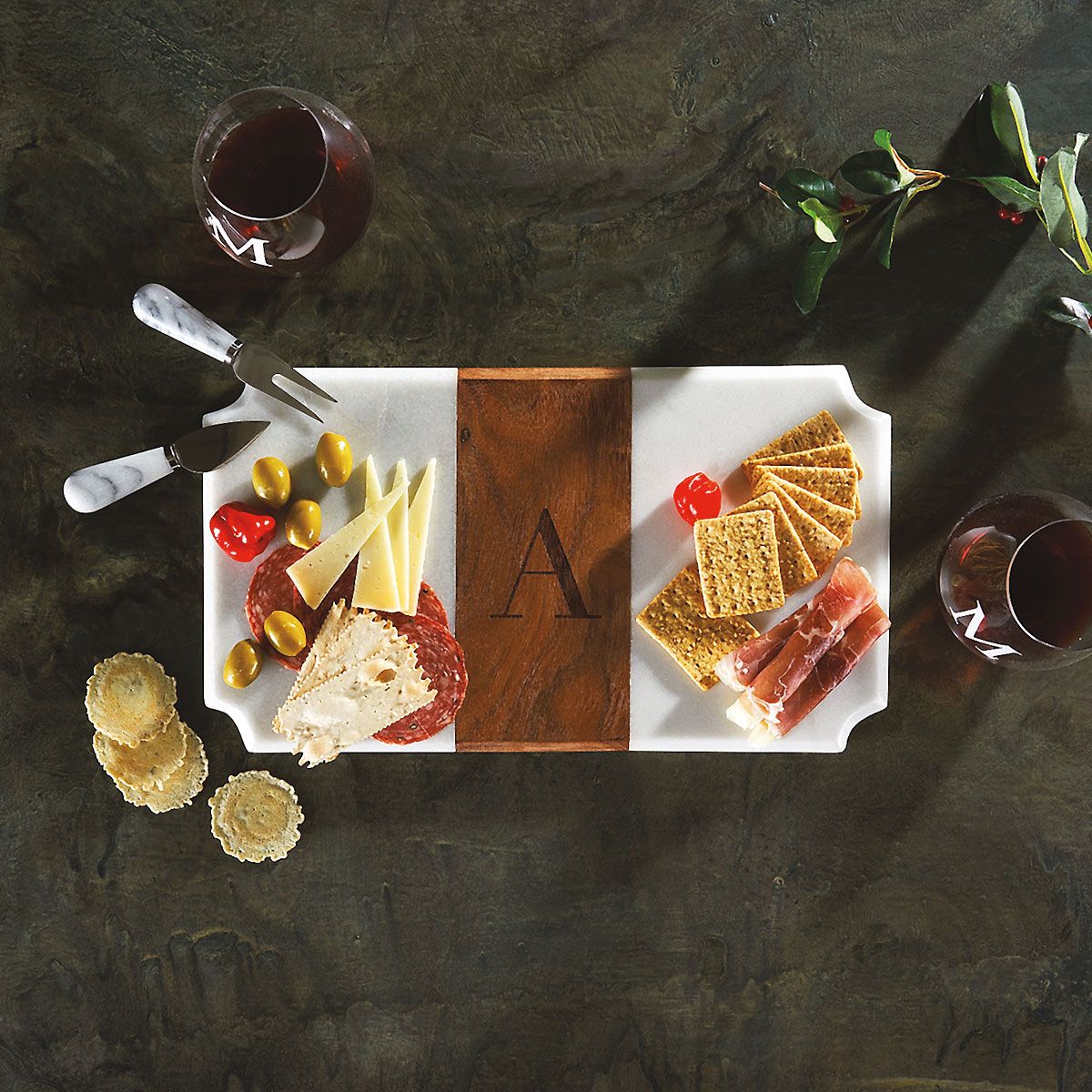 CLUB MONACO - White Marble & Wood Serving Board -