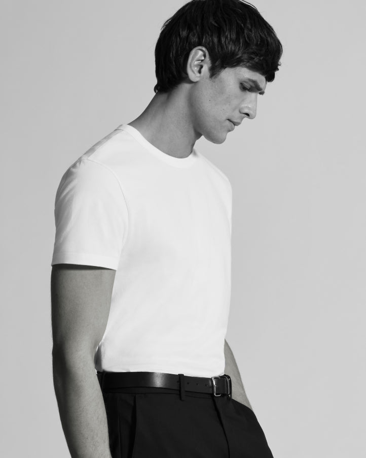 Man in fitted Pima cotton white T-shirt