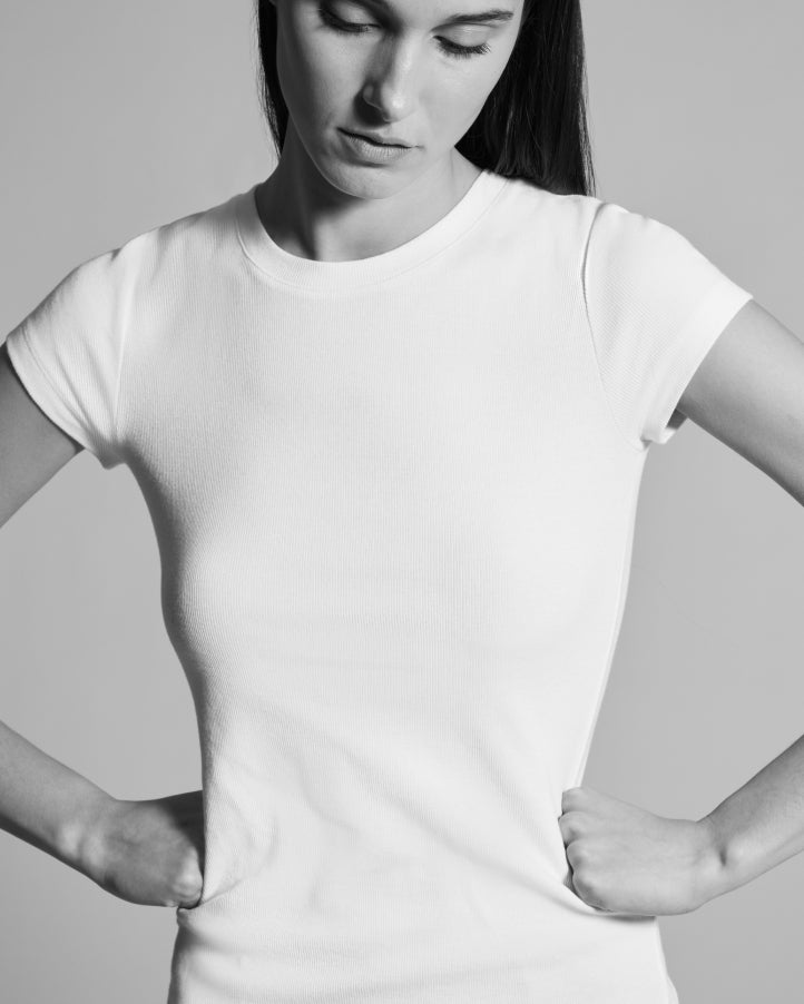 woman in ribbed cotton white T-shirt 