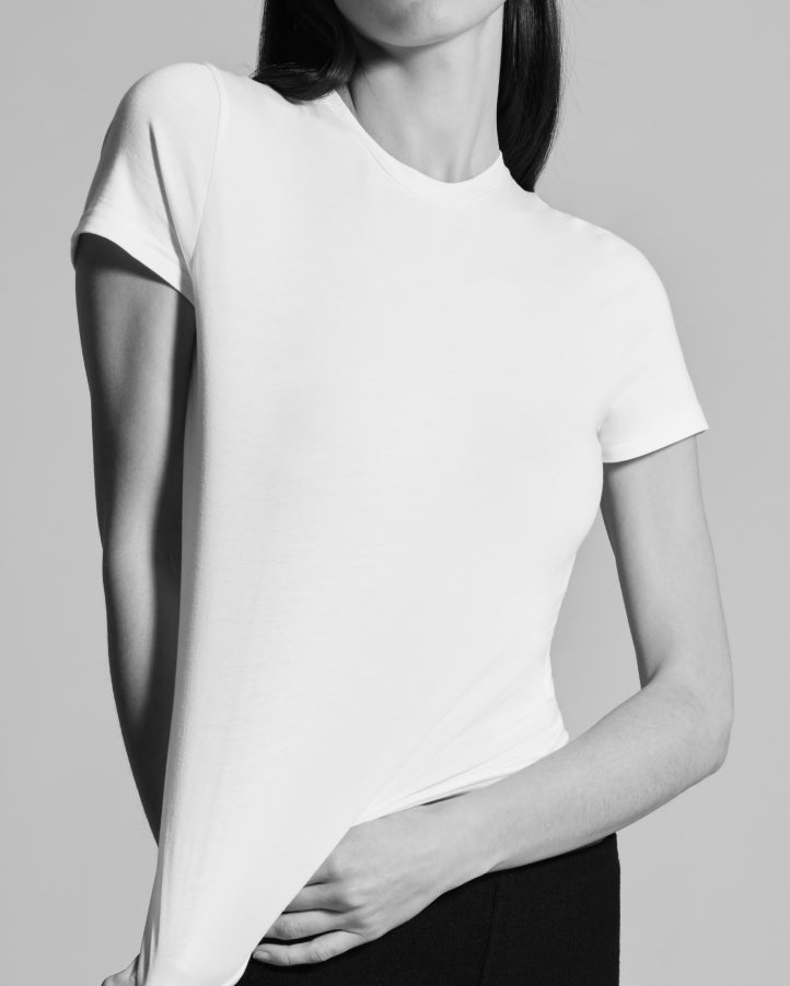 woman in stretch white t-shirt