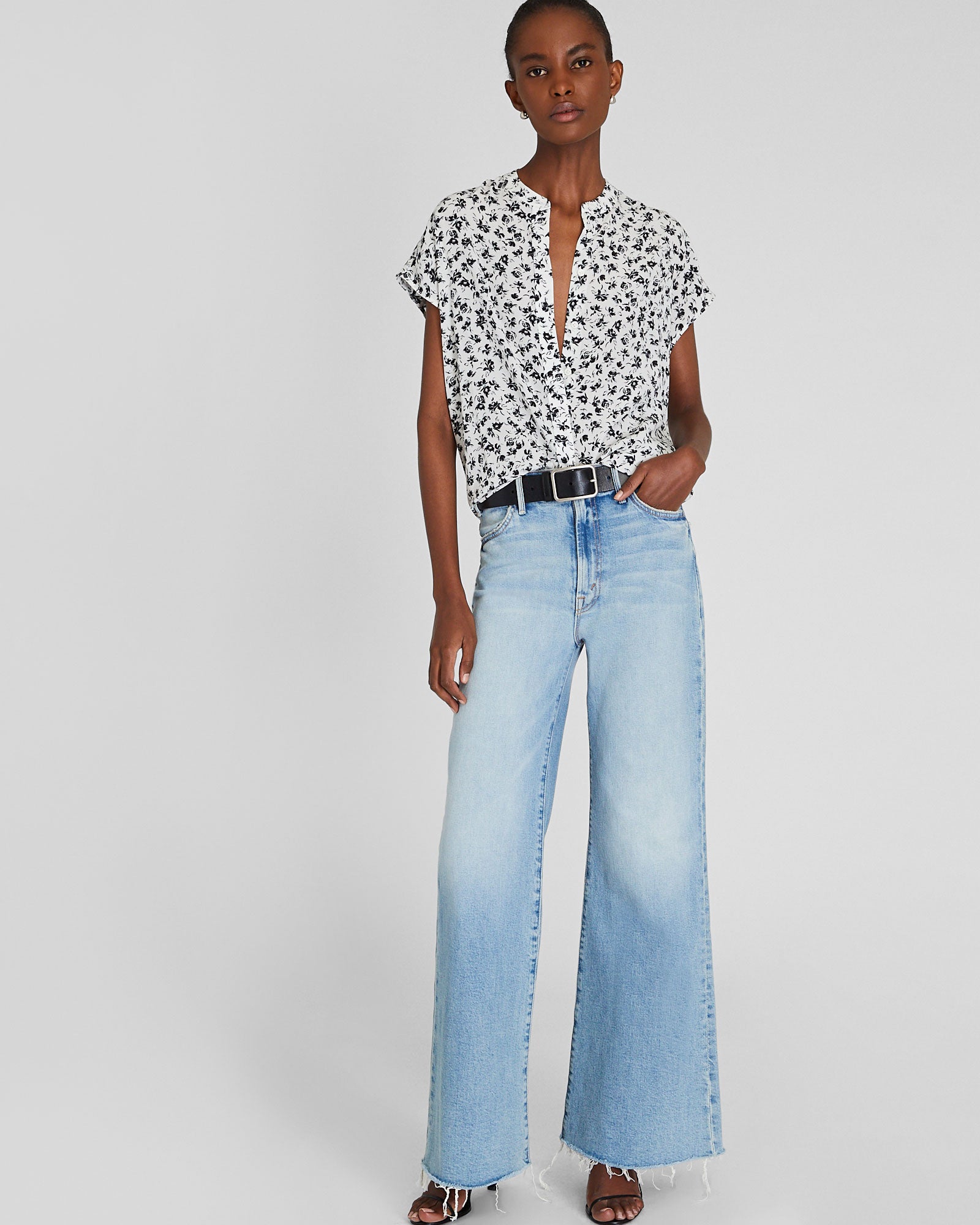 CLUB MONACO - Chemise en soie avec patte avant - Blanc-noir