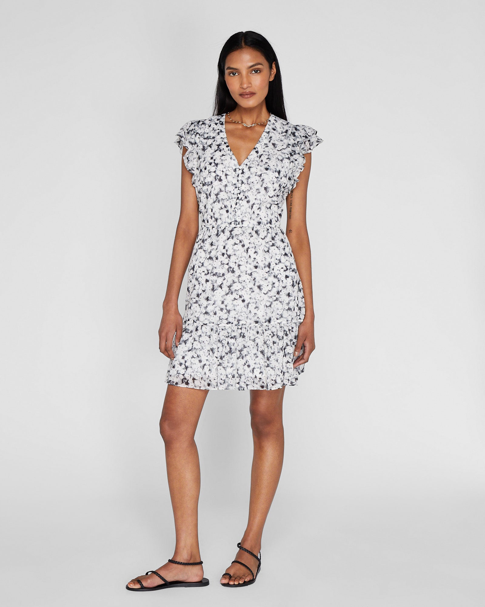 CLUB MONACO - Flutter Sleeve Floral Print Day Dress - Black Mix
