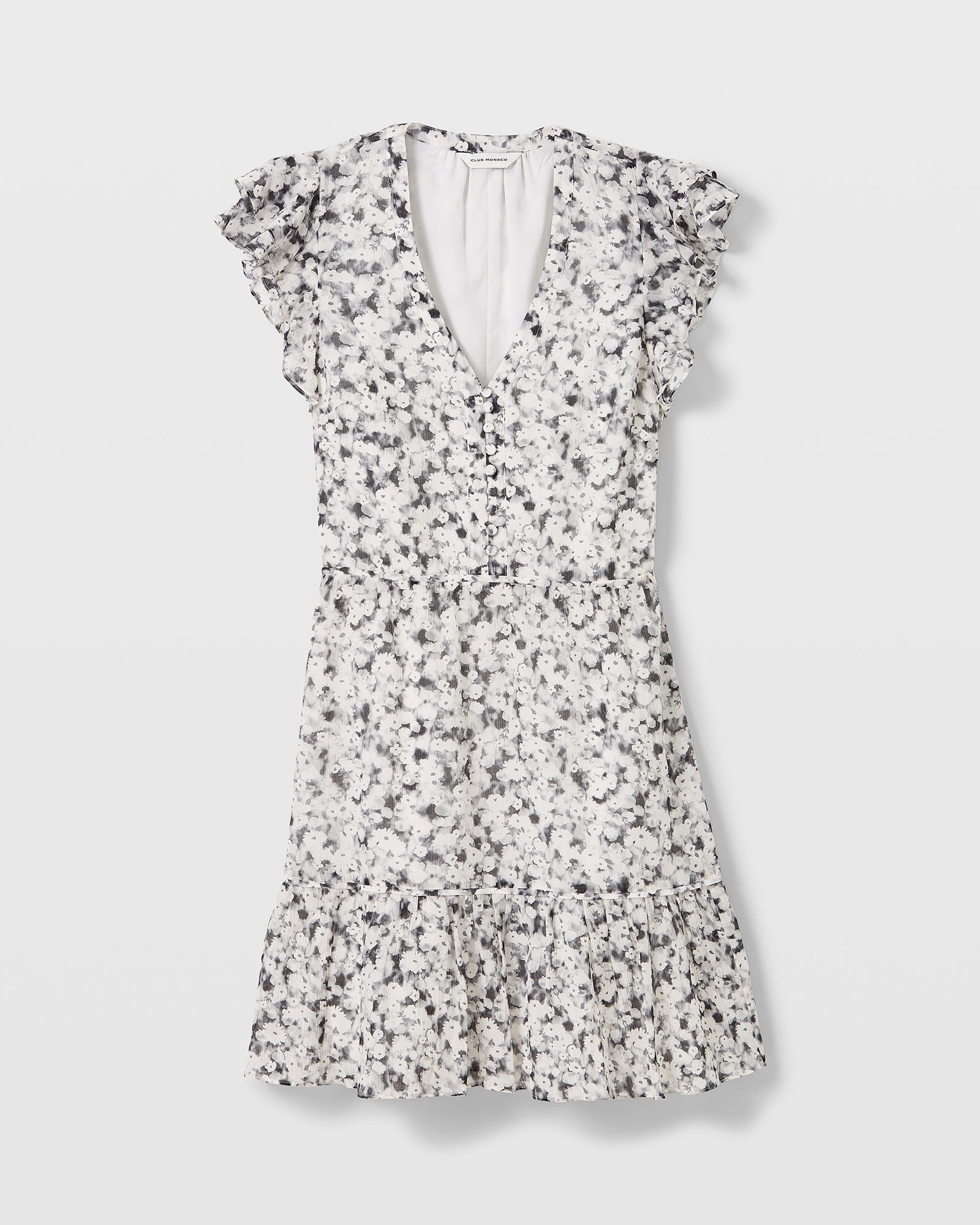 CLUB MONACO - Flutter Sleeve Floral Print Day Dress - Black Mix
