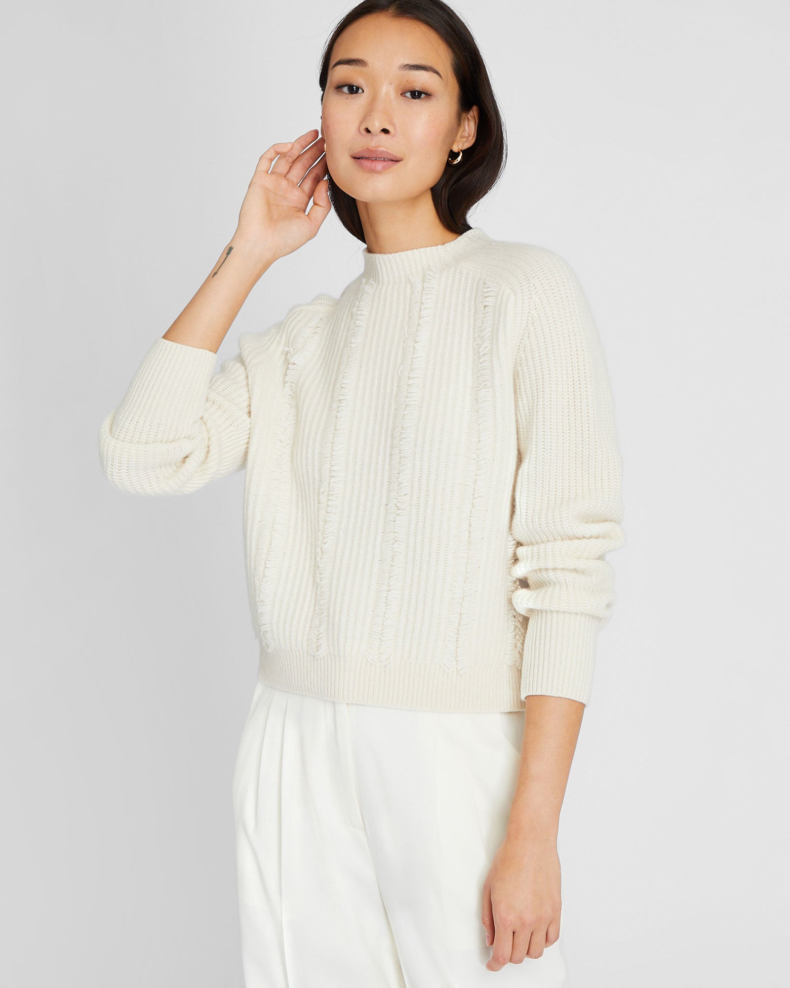 CLUB MONACO - Cashmere Cropped Fringe Sweater - Ivory Mix