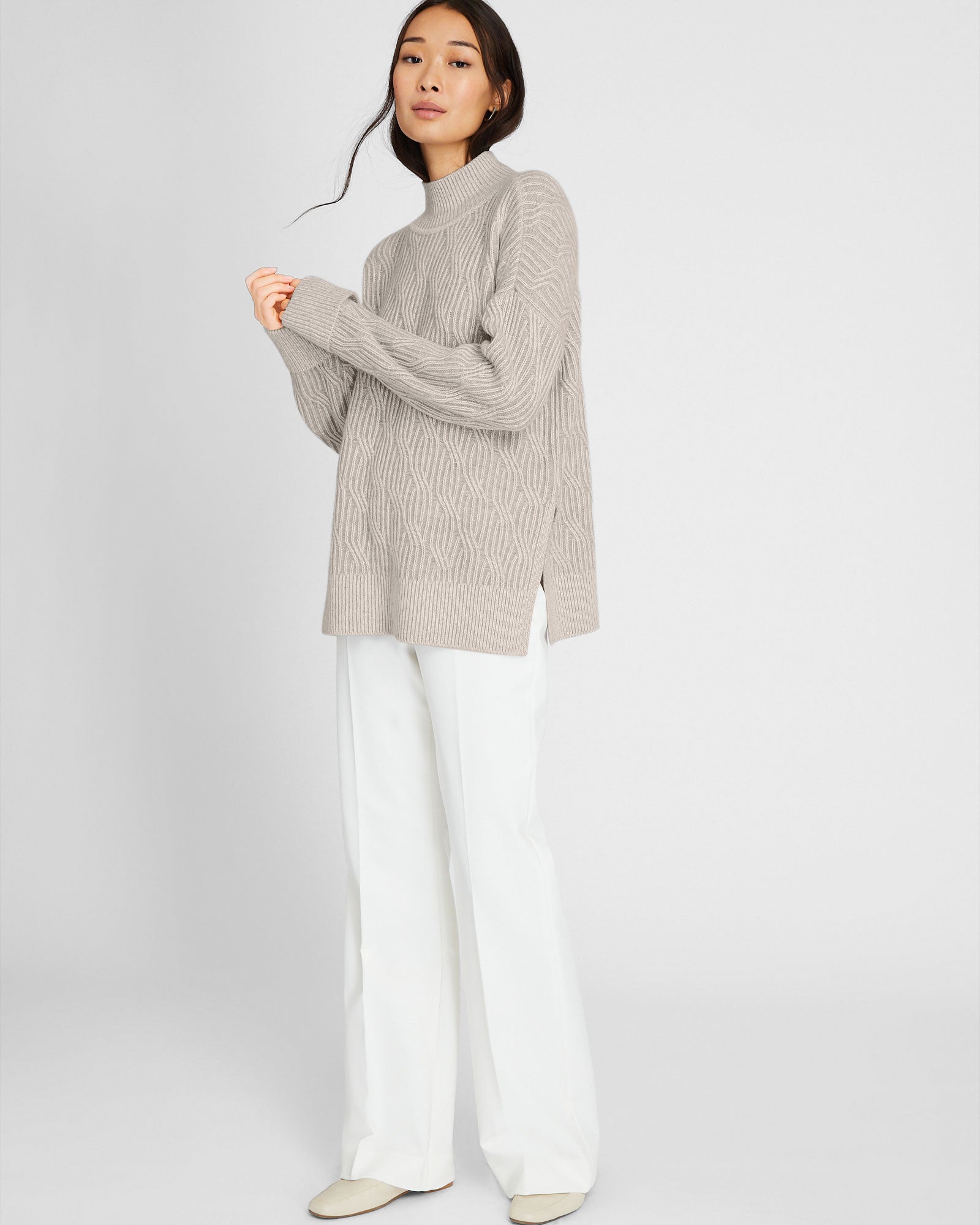 CLUB MONACO - Cashmere-Silk Cable Turtleneck - Oatmeal