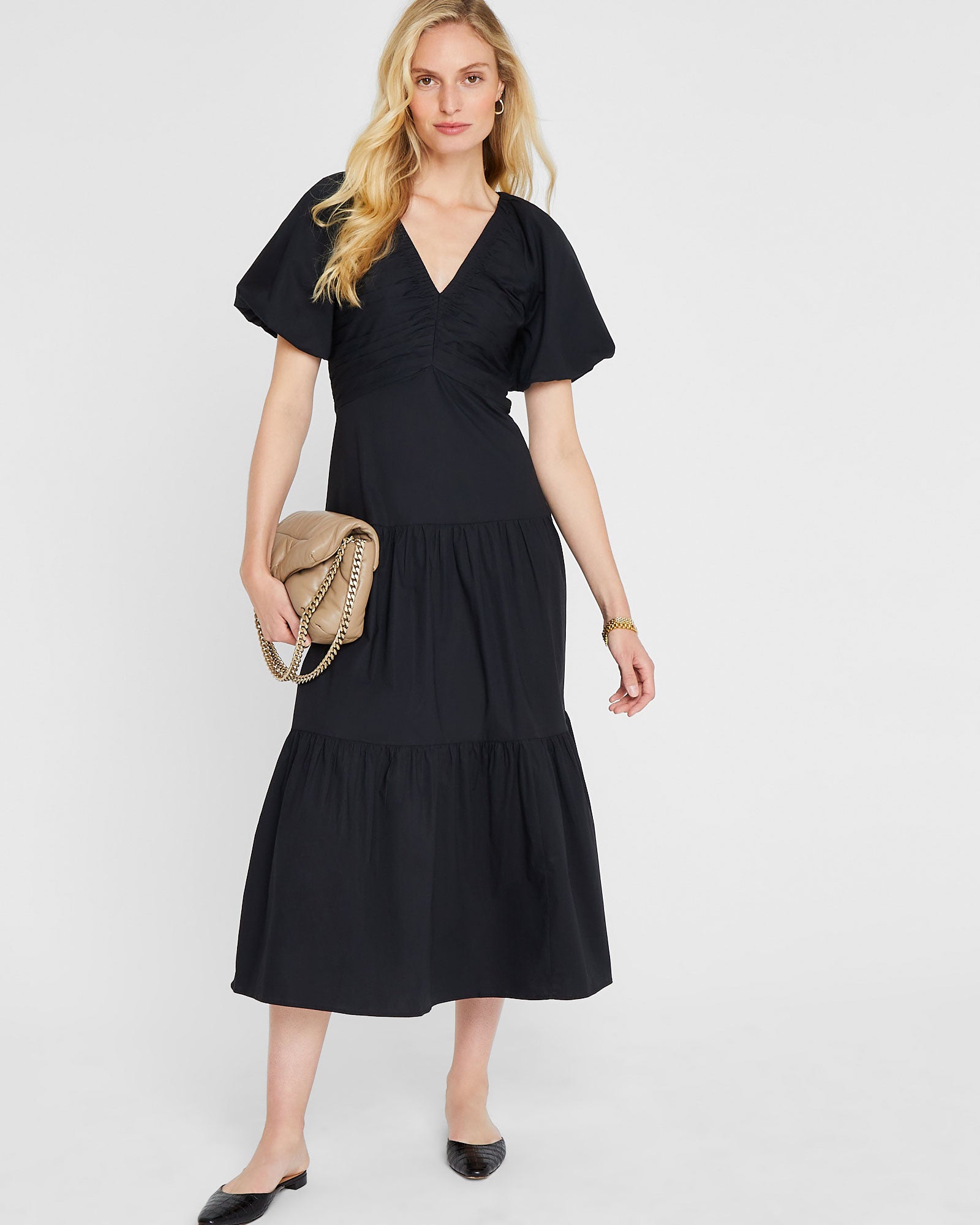CLUB MONACO - Robe longue froncée à volants - Noir