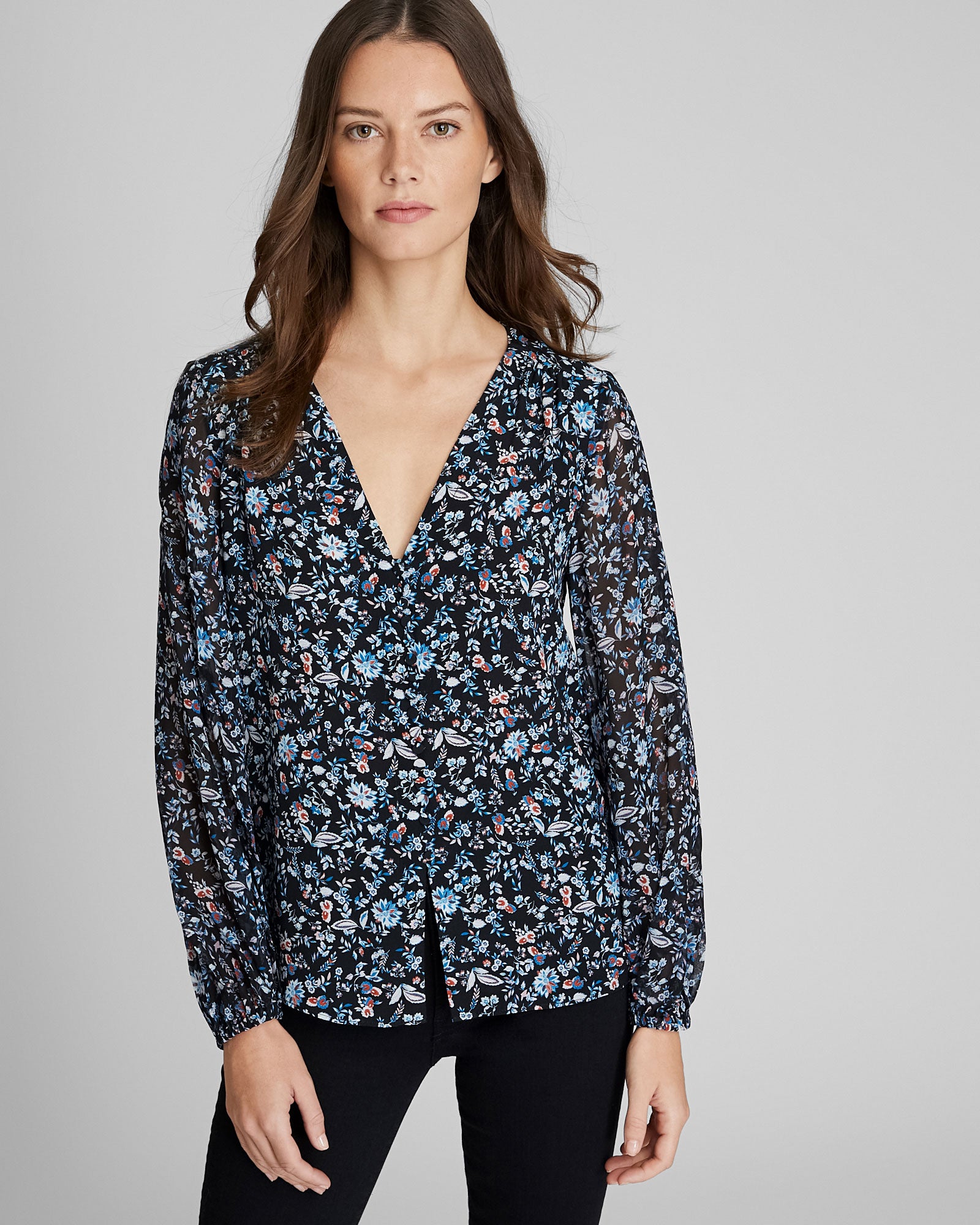 CLUB MONACO - Printed Silk Button Detail Blouse - Blue Mix