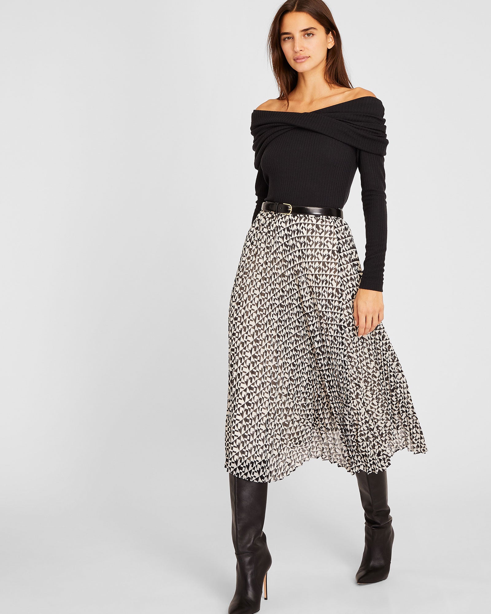 CLUB MONACO - Geo Print Pleated Midi Skirt - Graphite Geo Print