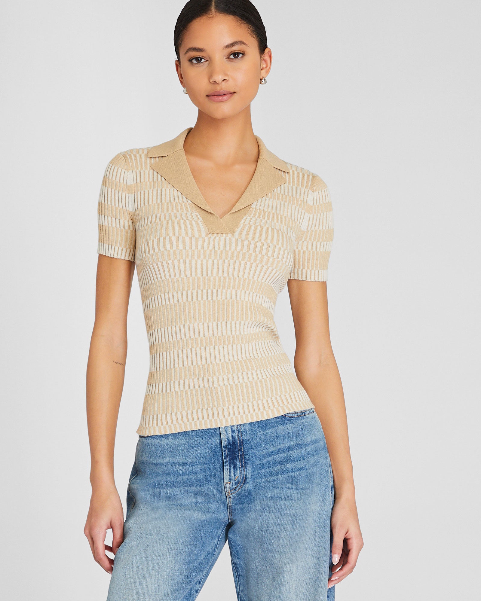 CLUB MONACO - Ribbed Johnny Collar Sweater Tee - Beige Mix