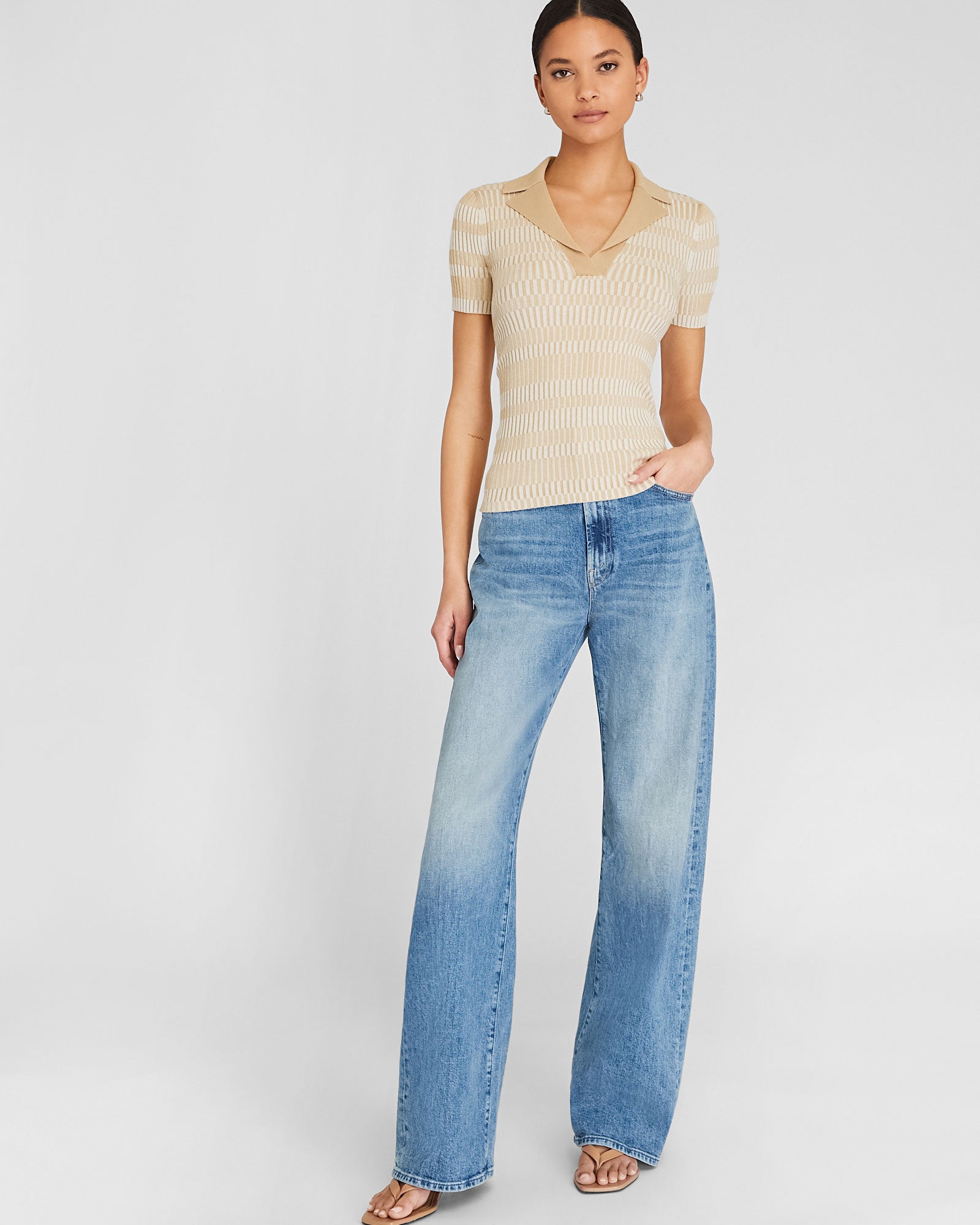 CLUB MONACO - Ribbed Johnny Collar Sweater Tee - Beige Mix