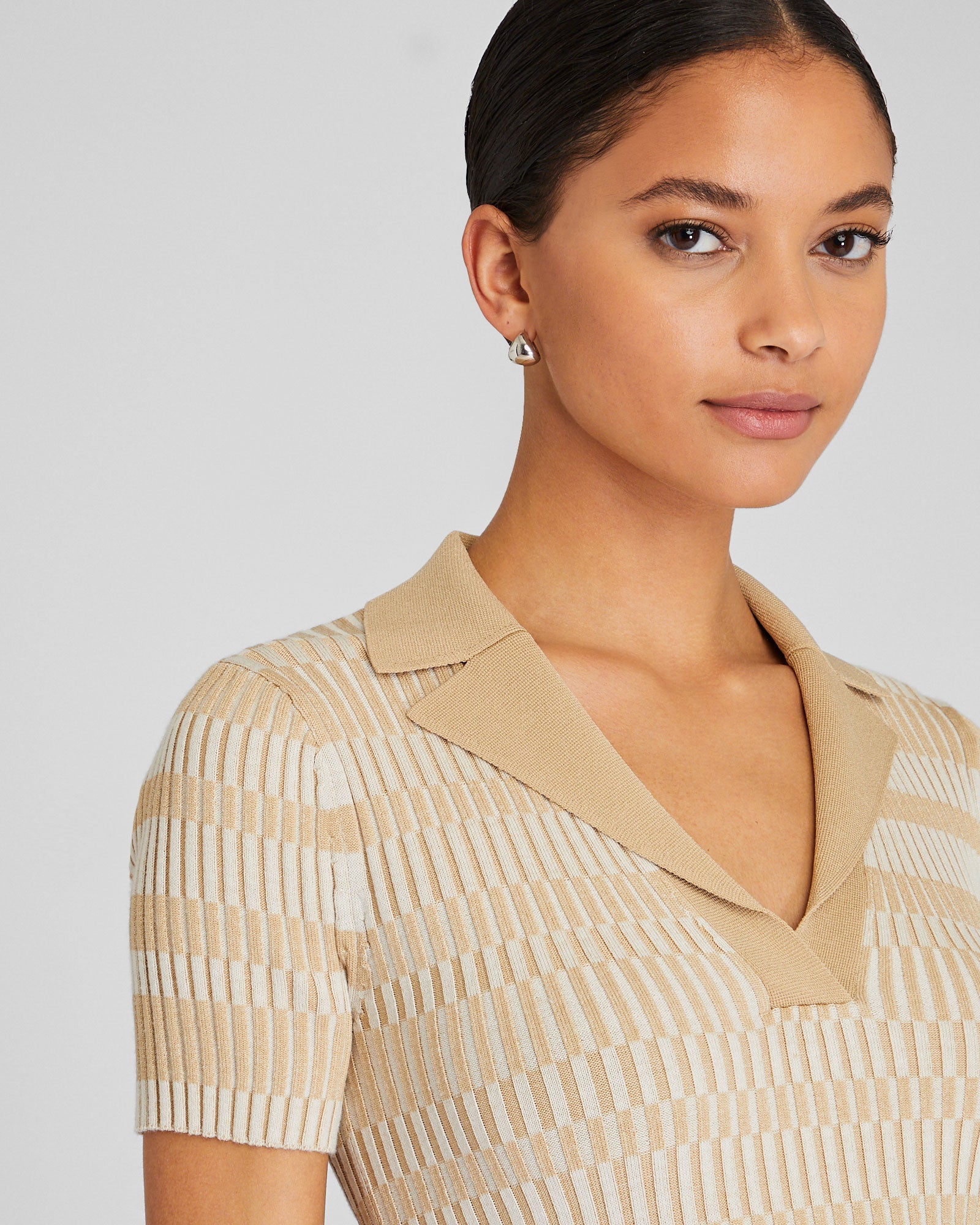 CLUB MONACO - Chandail côtelé col polo tricoteuse - Mélange beige