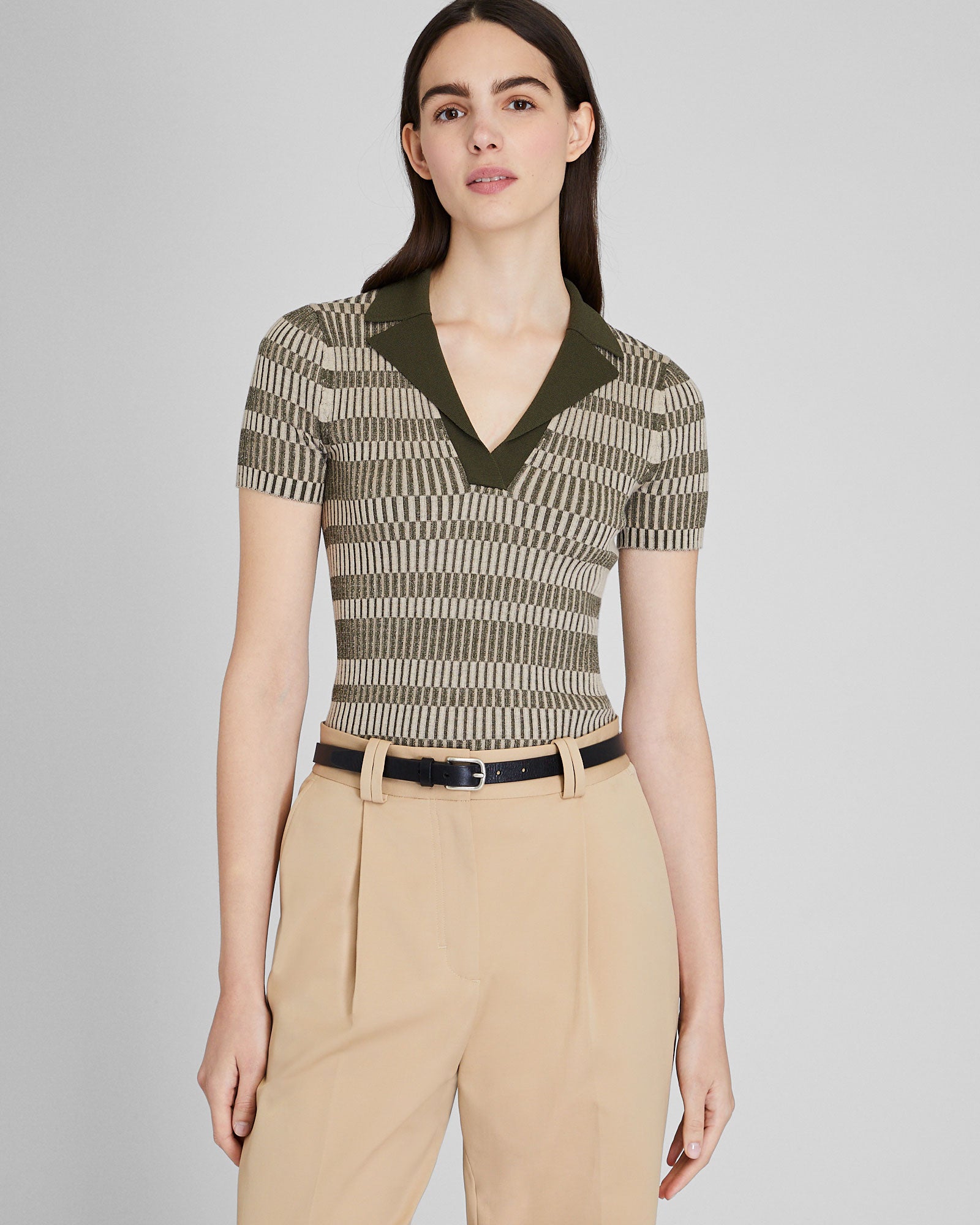 CLUB MONACO - Ribbed Johnny Collar Sweater Tee - Green Mix