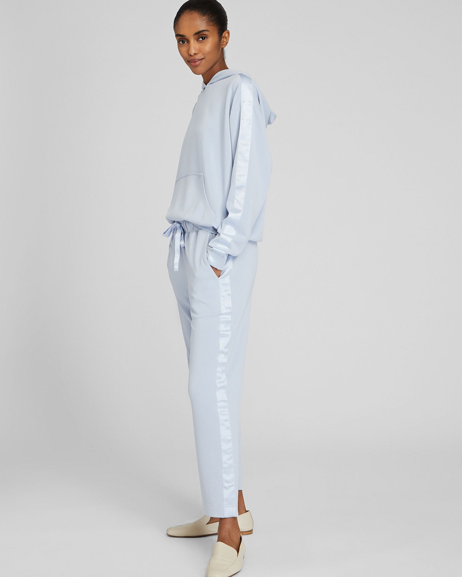 CLUB MONACO - Satin Stripe Hoodie - Light Blue
