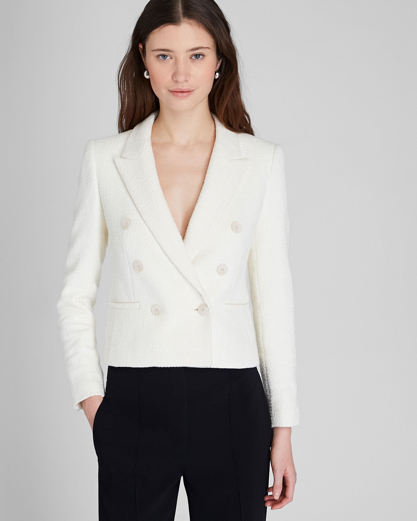 CLUB MONACO - Textured Cropped Double Breasted Blazer - Off White