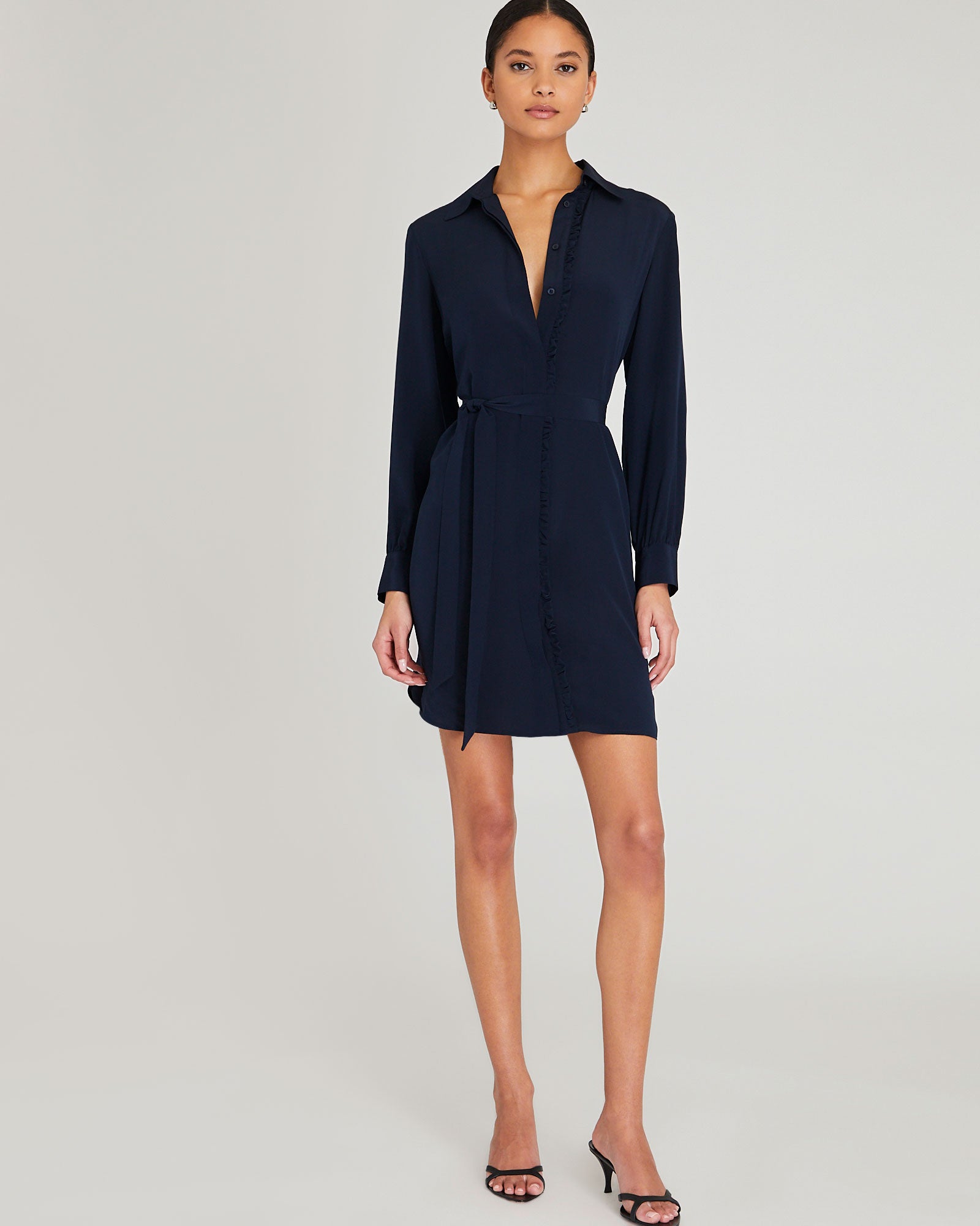 CLUB MONACO - Silk Ruffle Button Front Dress - Navy