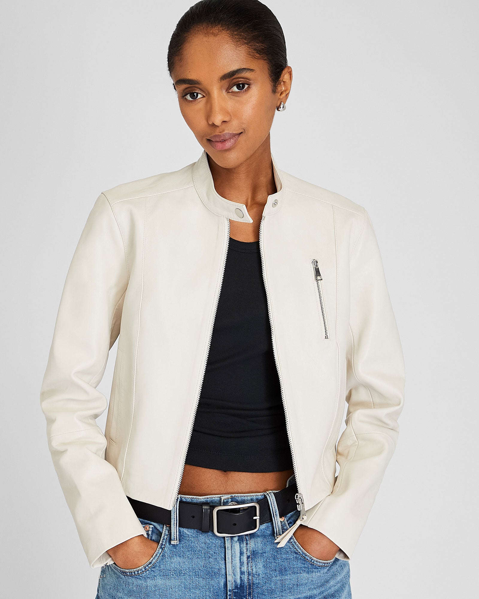 CLUB MONACO - Band Collar Cropped Leather Jacket - Off White
