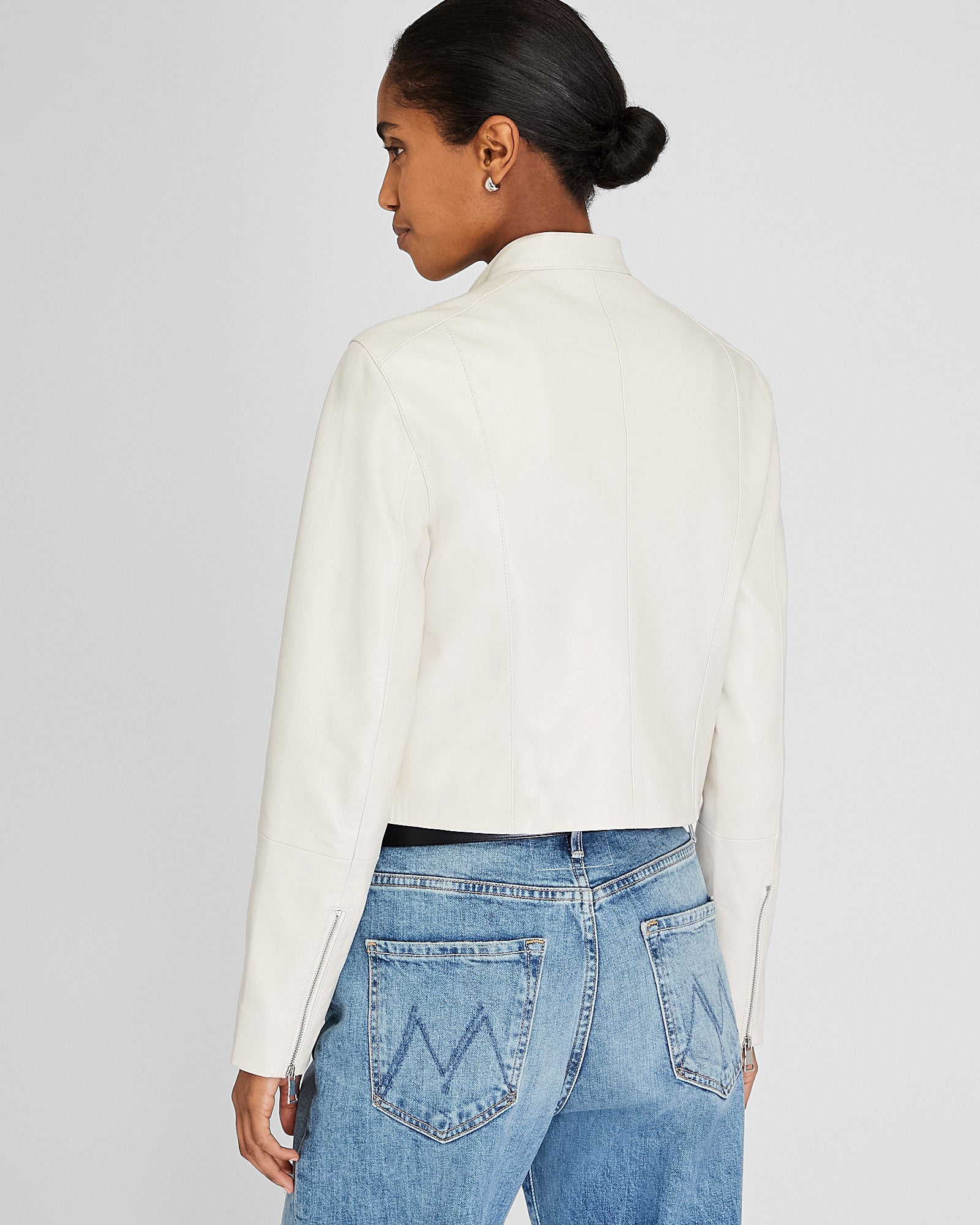 CLUB MONACO - Band Collar Cropped Leather Jacket - Off White