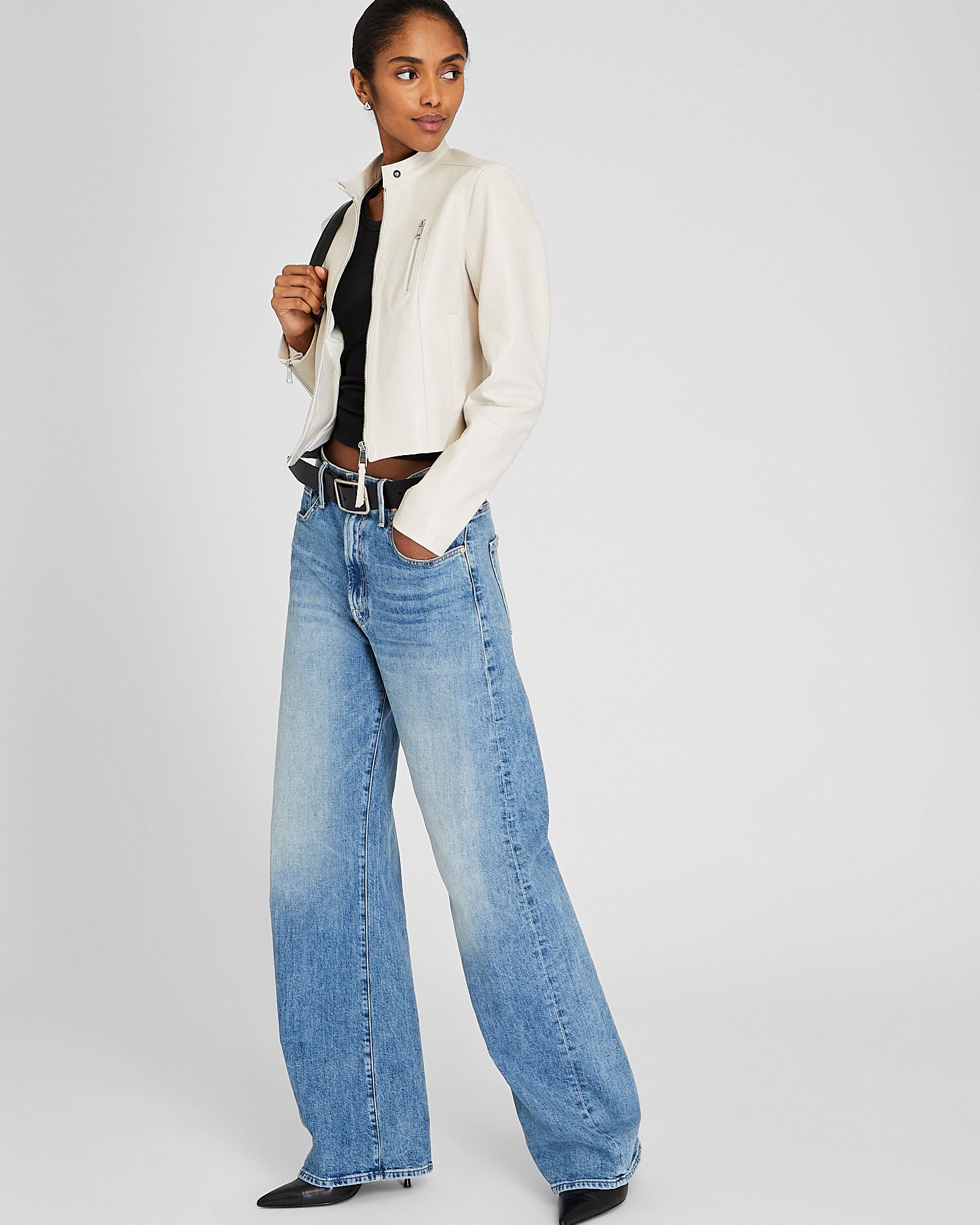 CLUB MONACO - Band Collar Cropped Leather Jacket - Off White