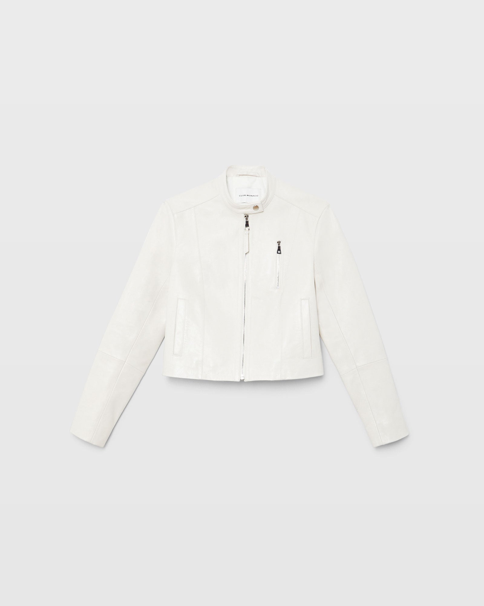 CLUB MONACO - Band Collar Cropped Leather Jacket - Off White