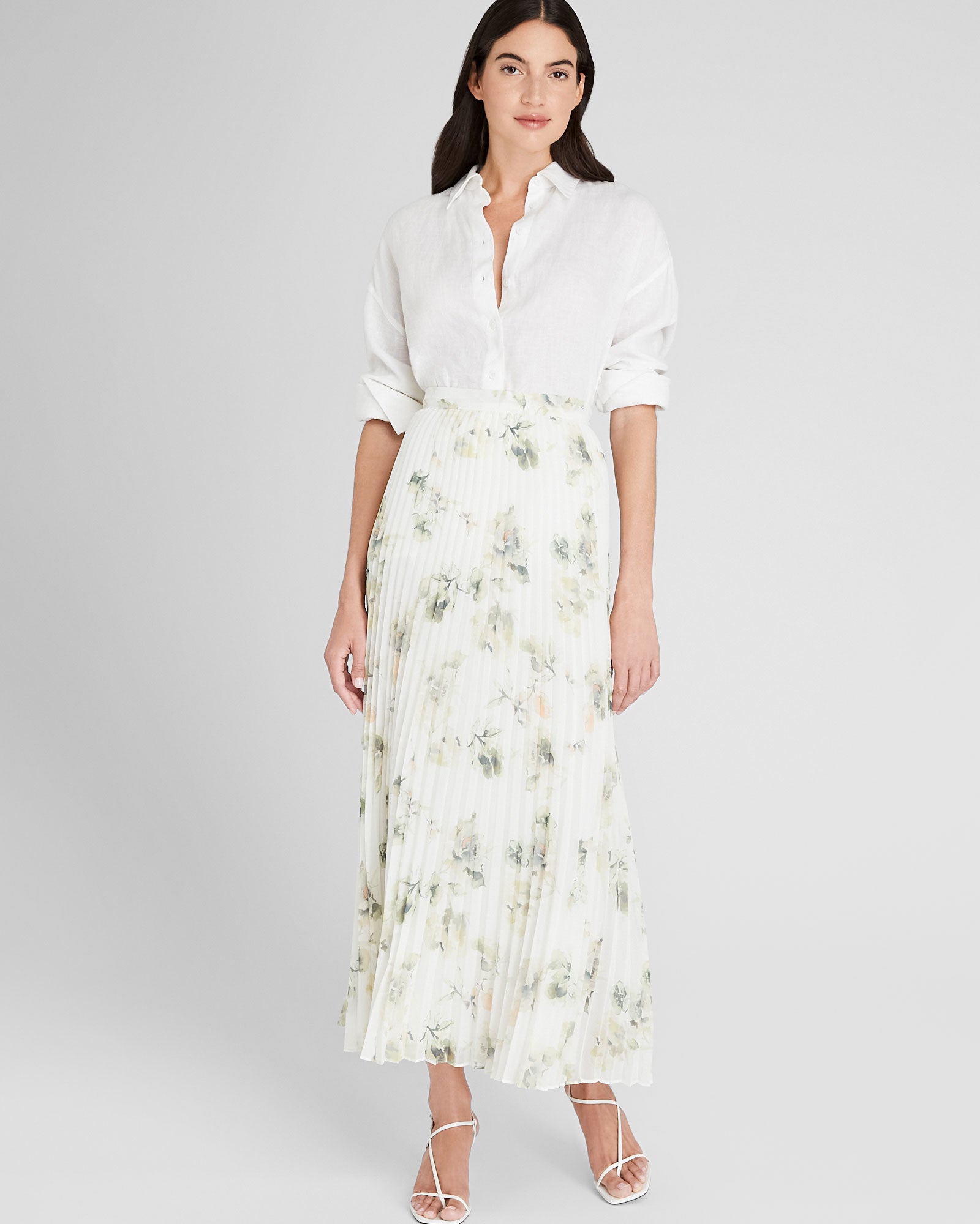 CLUB MONACO - Jupe florale plissée longue - Blanc