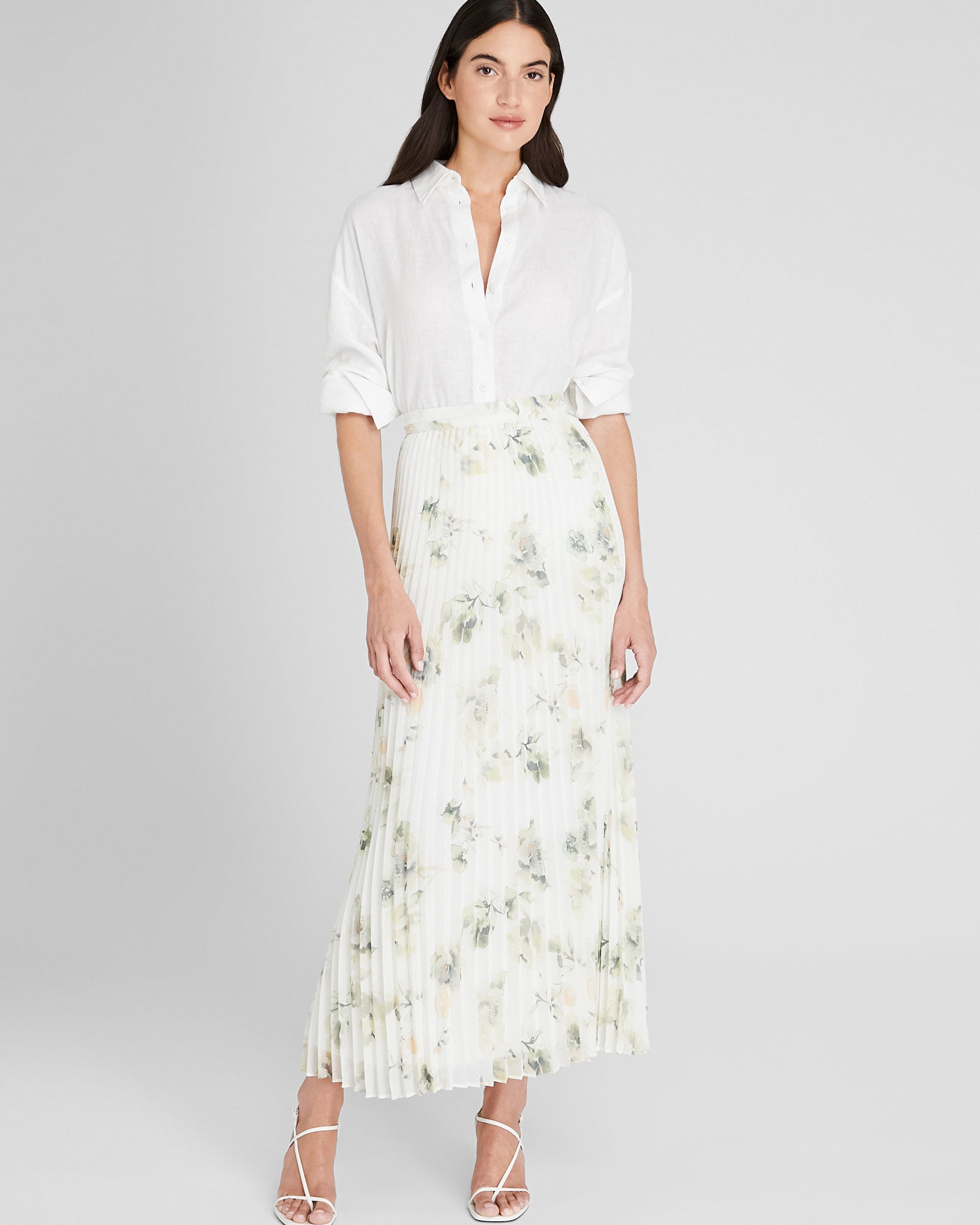 CLUB MONACO - Jupe florale plissée longue - Blanc
