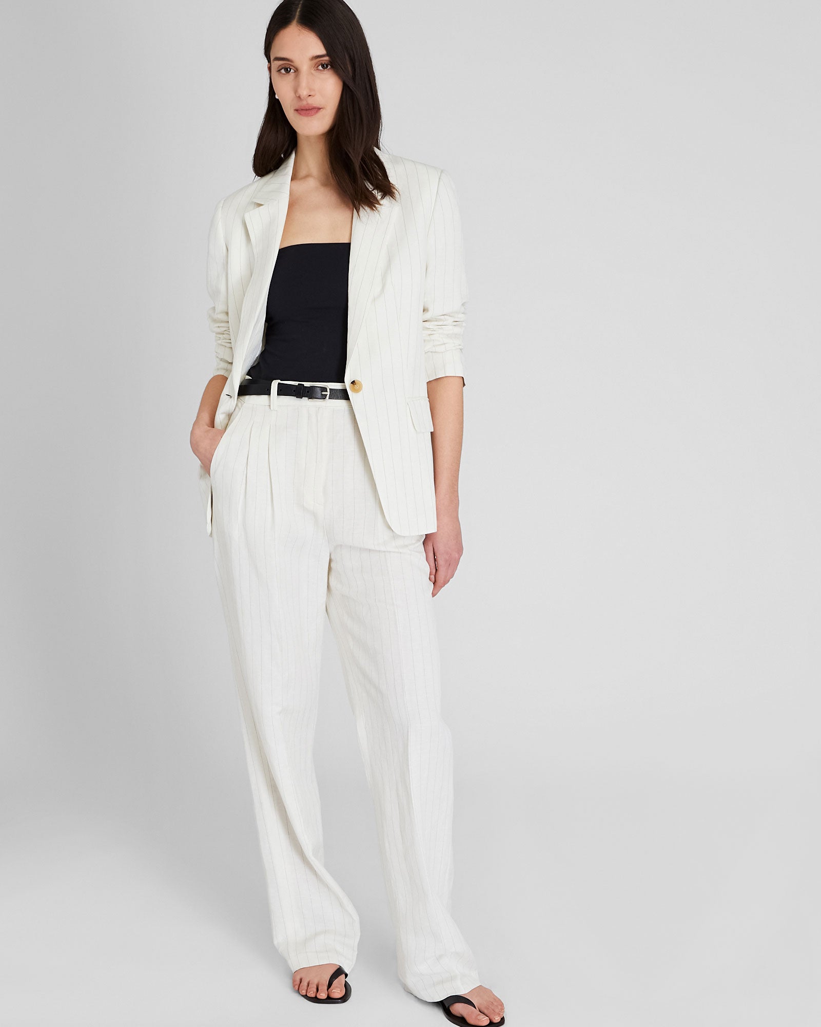 CLUB MONACO - Pinstripe Pleated Linen Blend Trouser - Ivory Mix