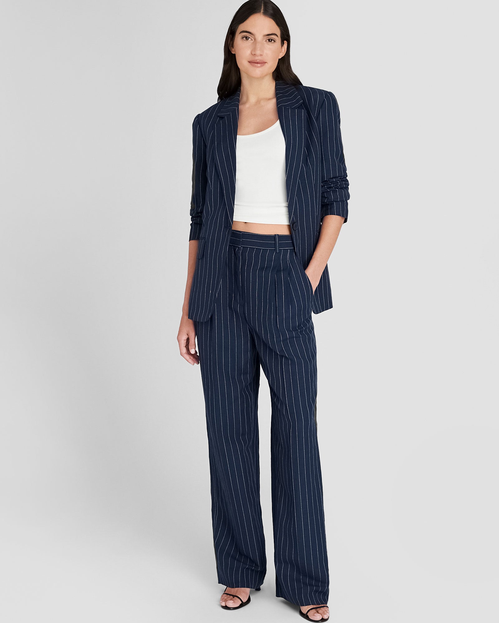 CLUB MONACO - Pinstripe Pleated Linen Blend Trouser - Navy