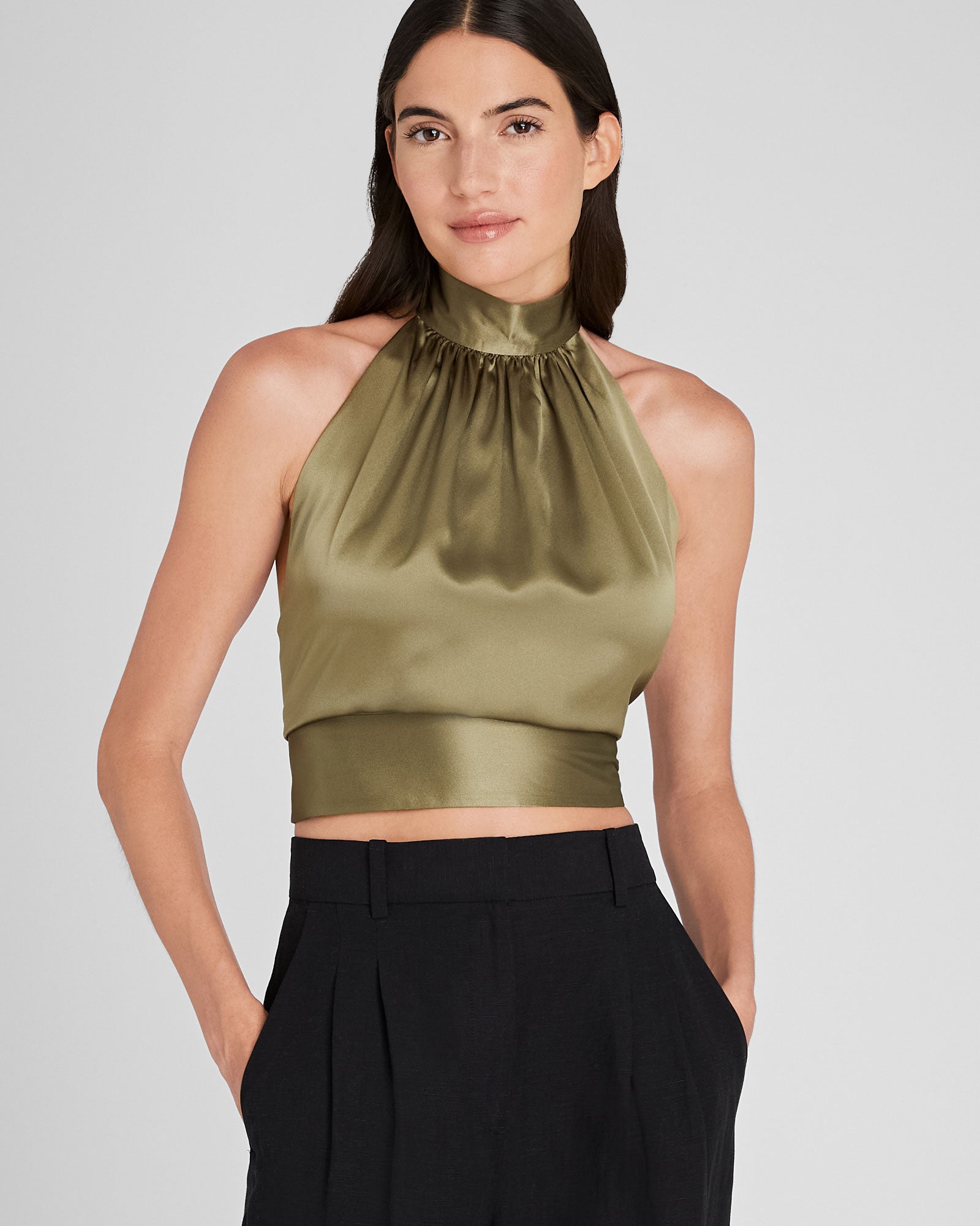 CLUB MONACO - Silk Charmeuse Tie Halter Top - Thyme