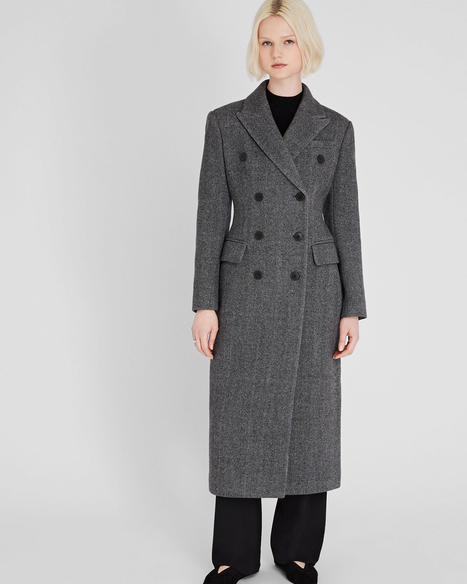 CLUB MONACO - Cinched Waist Herringbone Twill Coat - Charcoal