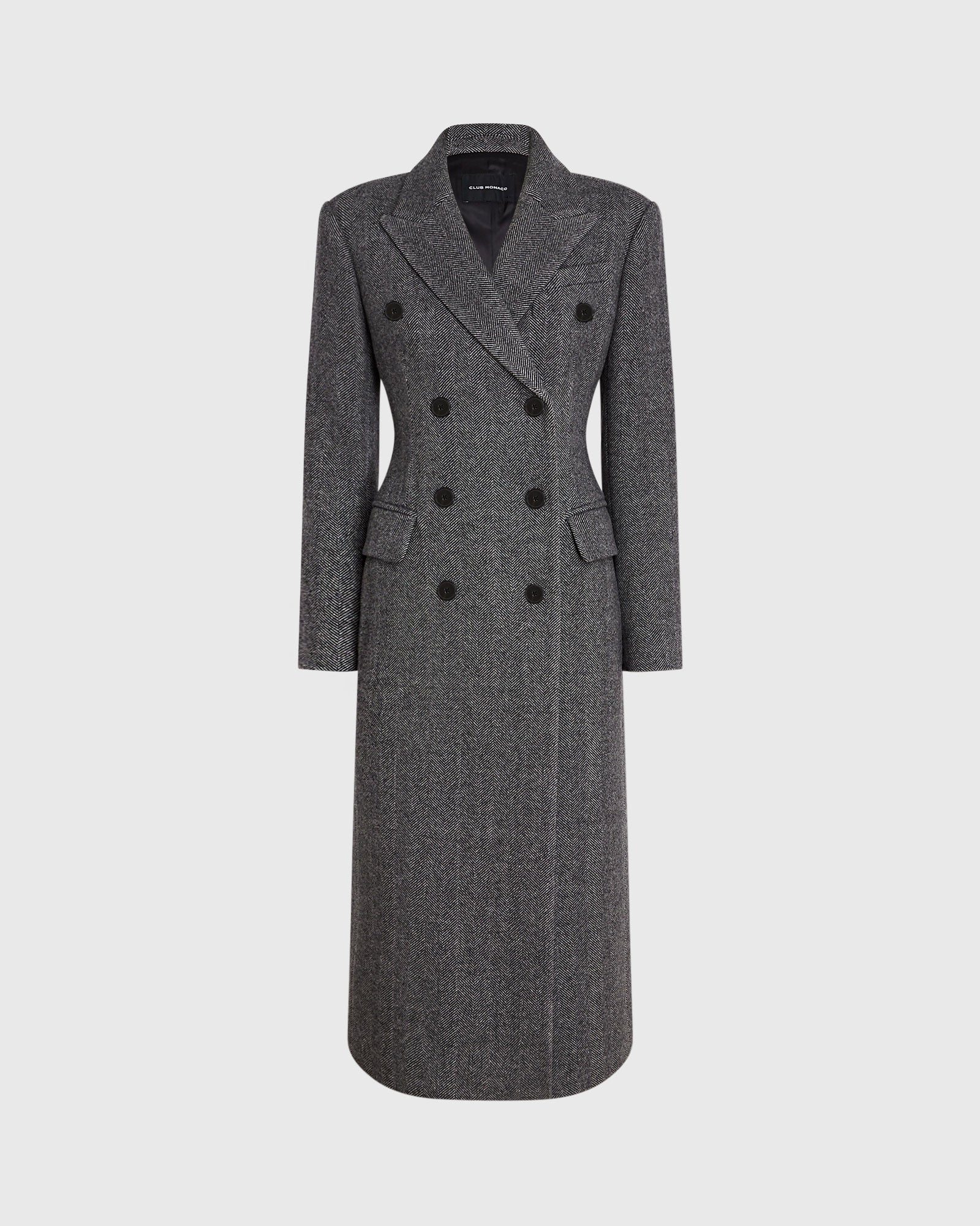 CLUB MONACO - Cinched Waist Herringbone Twill Coat - Charcoal