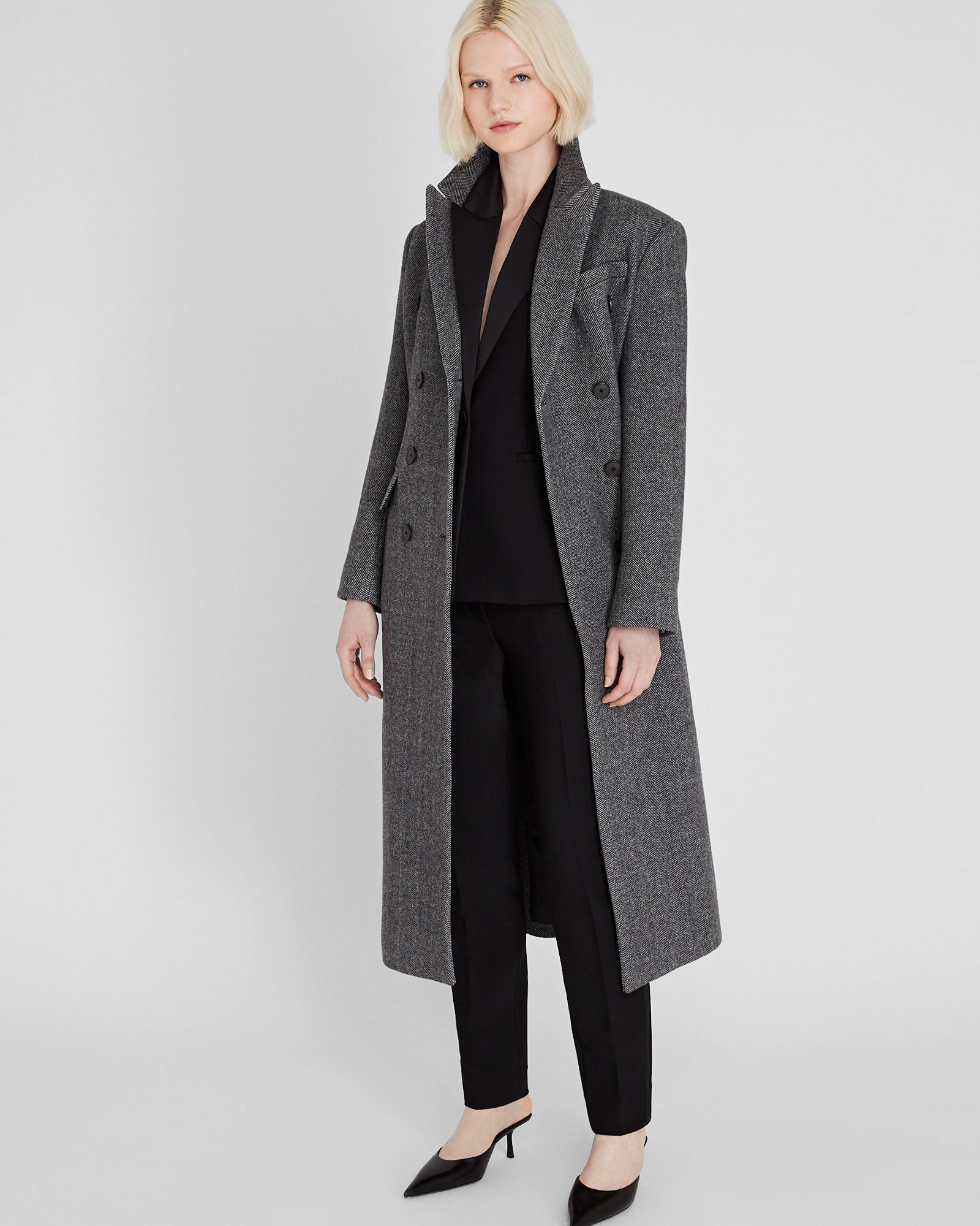 CLUB MONACO - Cinched Waist Herringbone Twill Coat - Charcoal