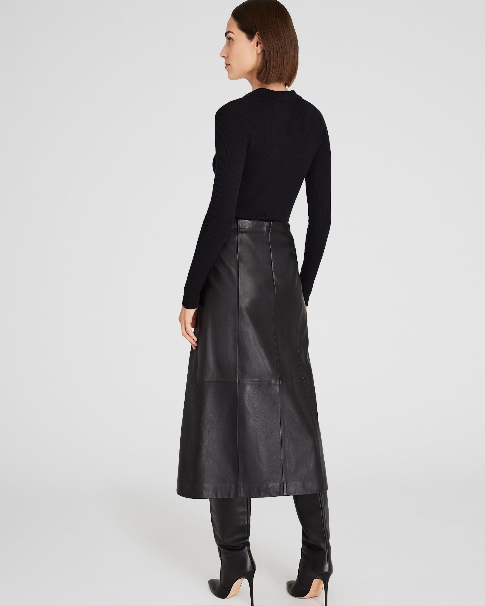 CLUB MONACO - A-Line Leather Midi Skirt - Black
