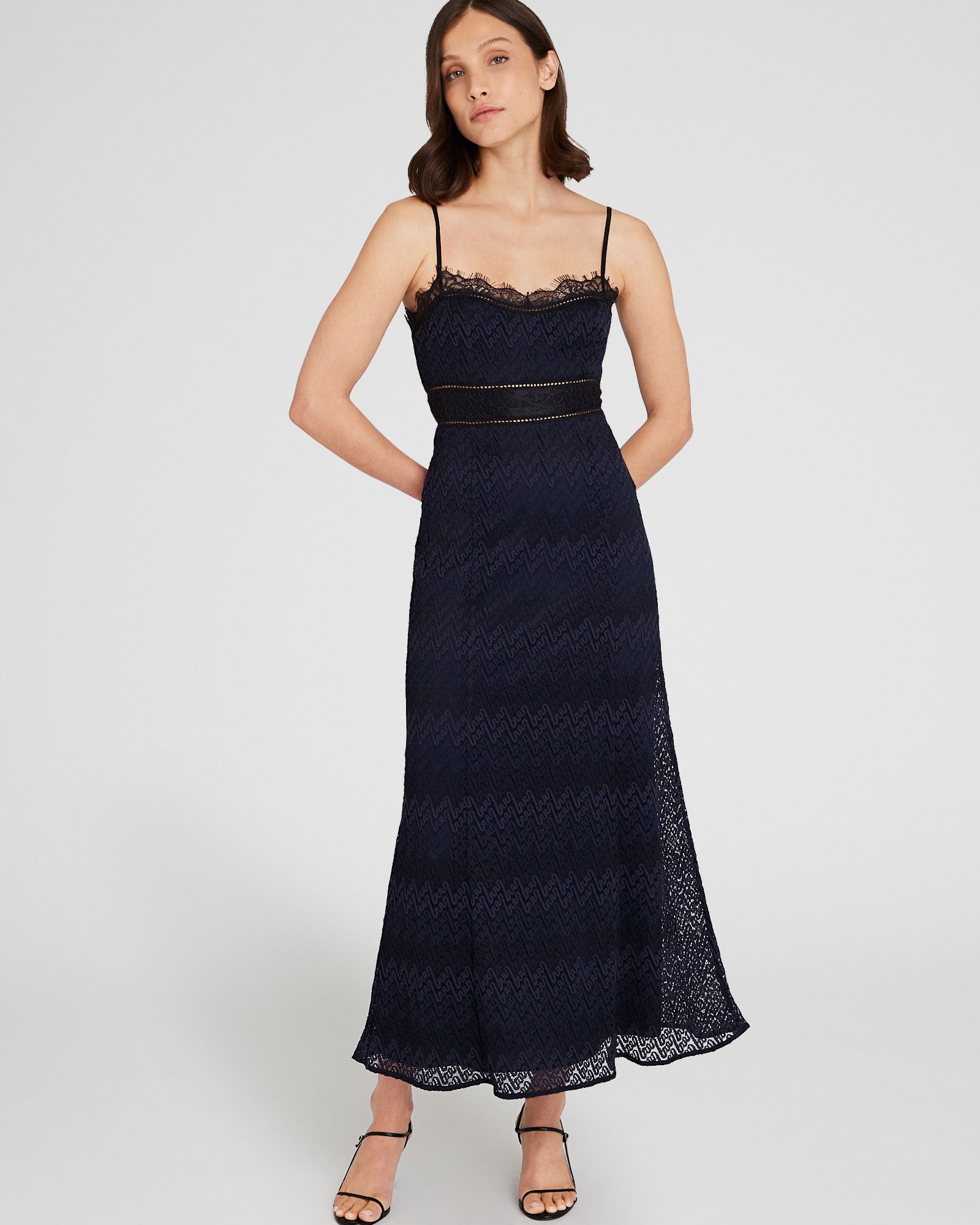 CLUB MONACO - Robe midi à insertions en dentelle - Combo noir grillé