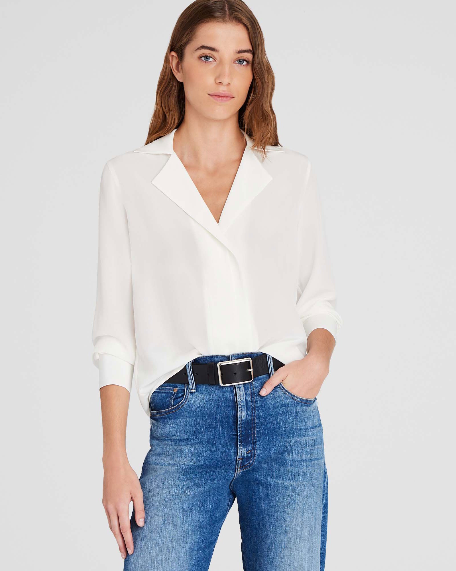 CLUB MONACO - Silk Open-Neck Blouse - White