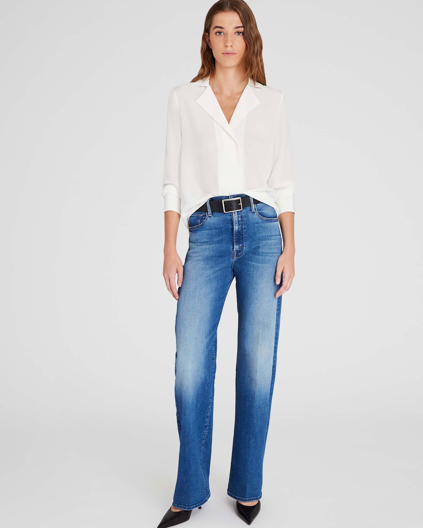 CLUB MONACO - Silk Open-Neck Blouse - White