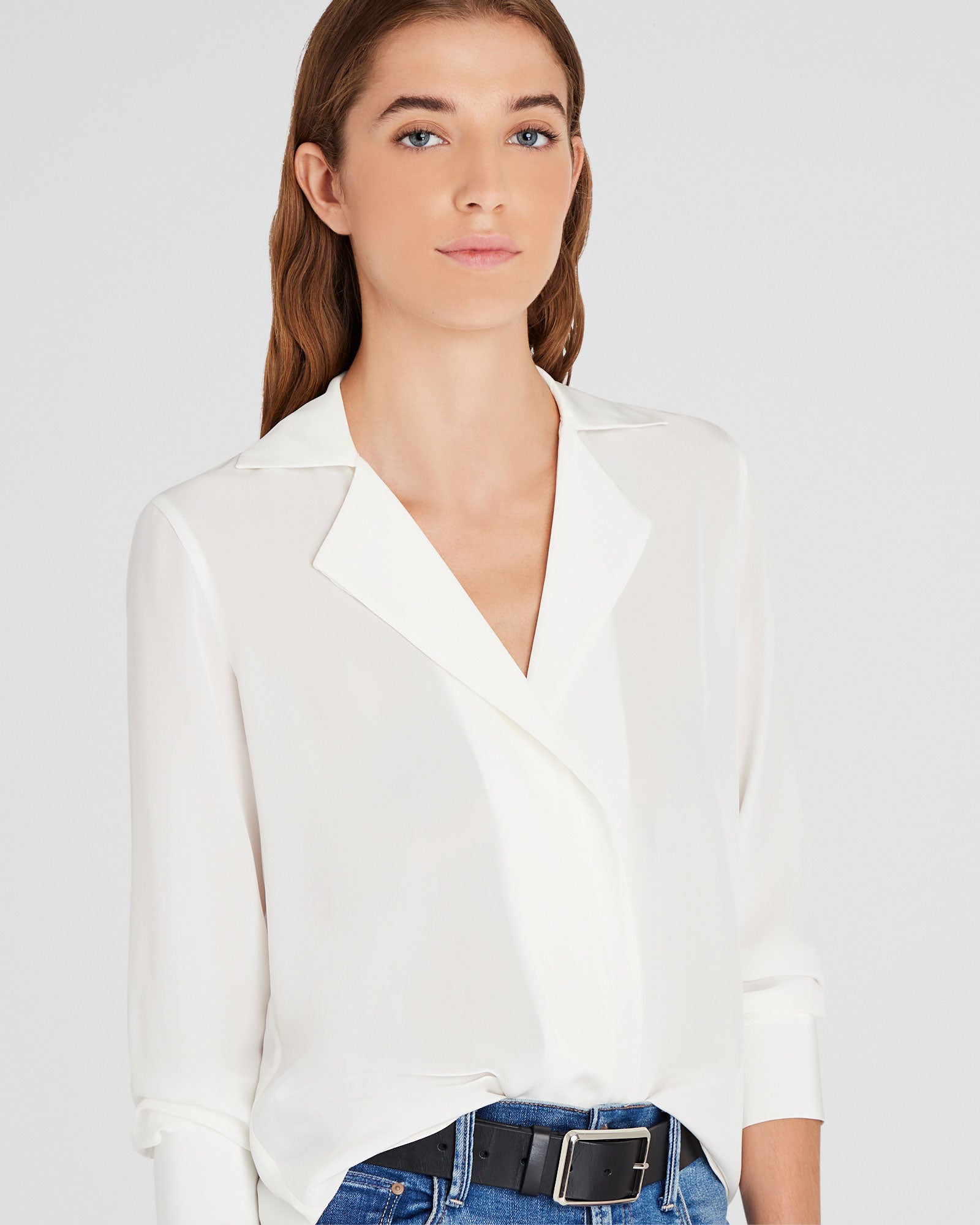 CLUB MONACO - Silk Open-Neck Blouse - White