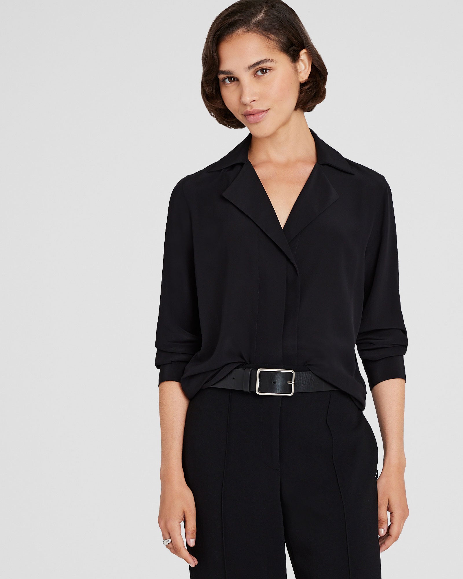CLUB MONACO - Silk Open-Neck Blouse - Black