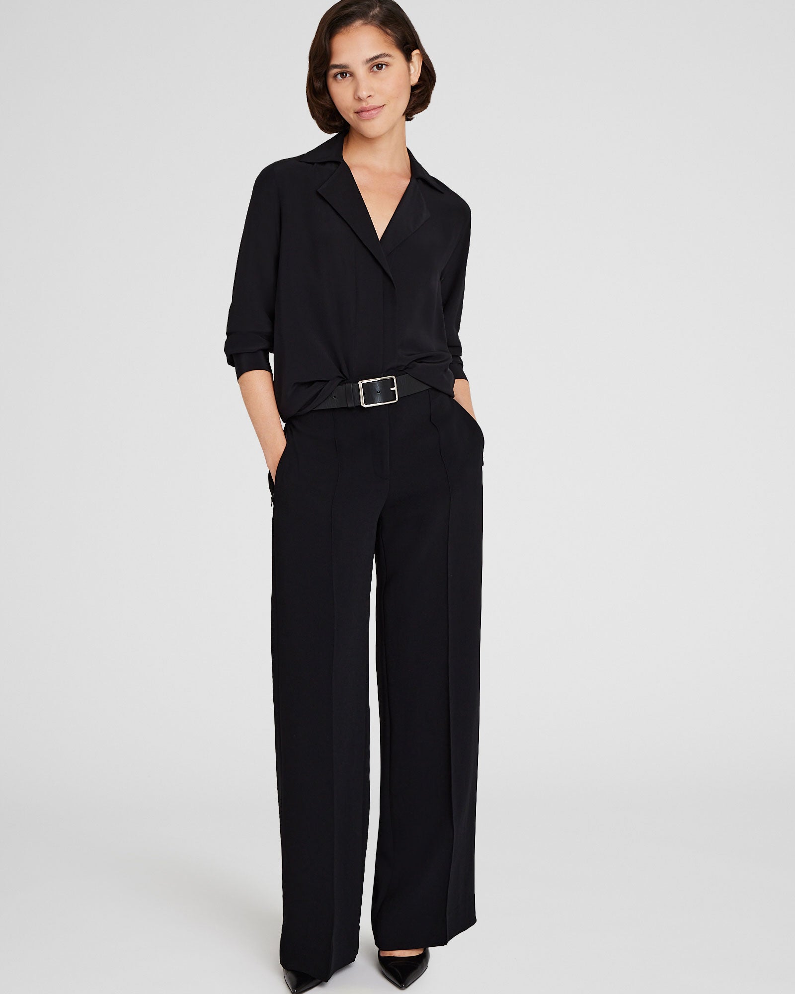 CLUB MONACO - Silk Open-Neck Blouse - Black