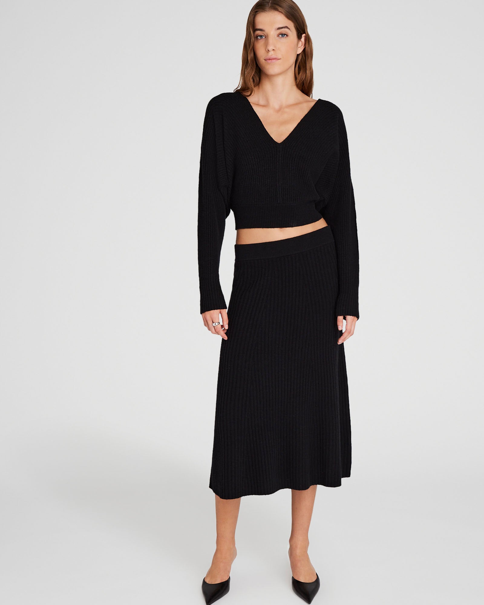 CLUB MONACO - Jupe évasée en maille côtelée - Noir