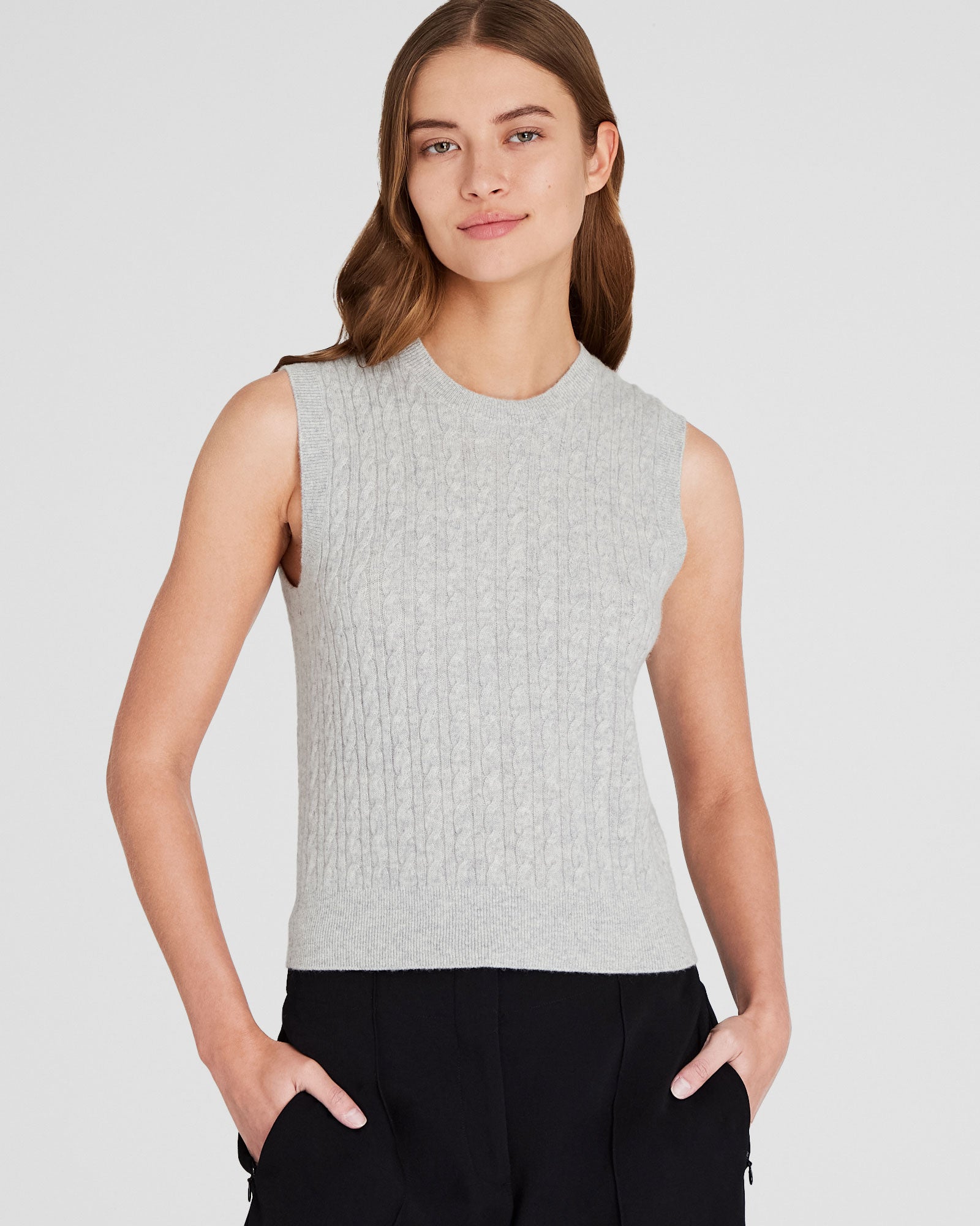 CLUB MONACO - Haut sans manches en cachemire à mini torsades - Gris Chiné Clair