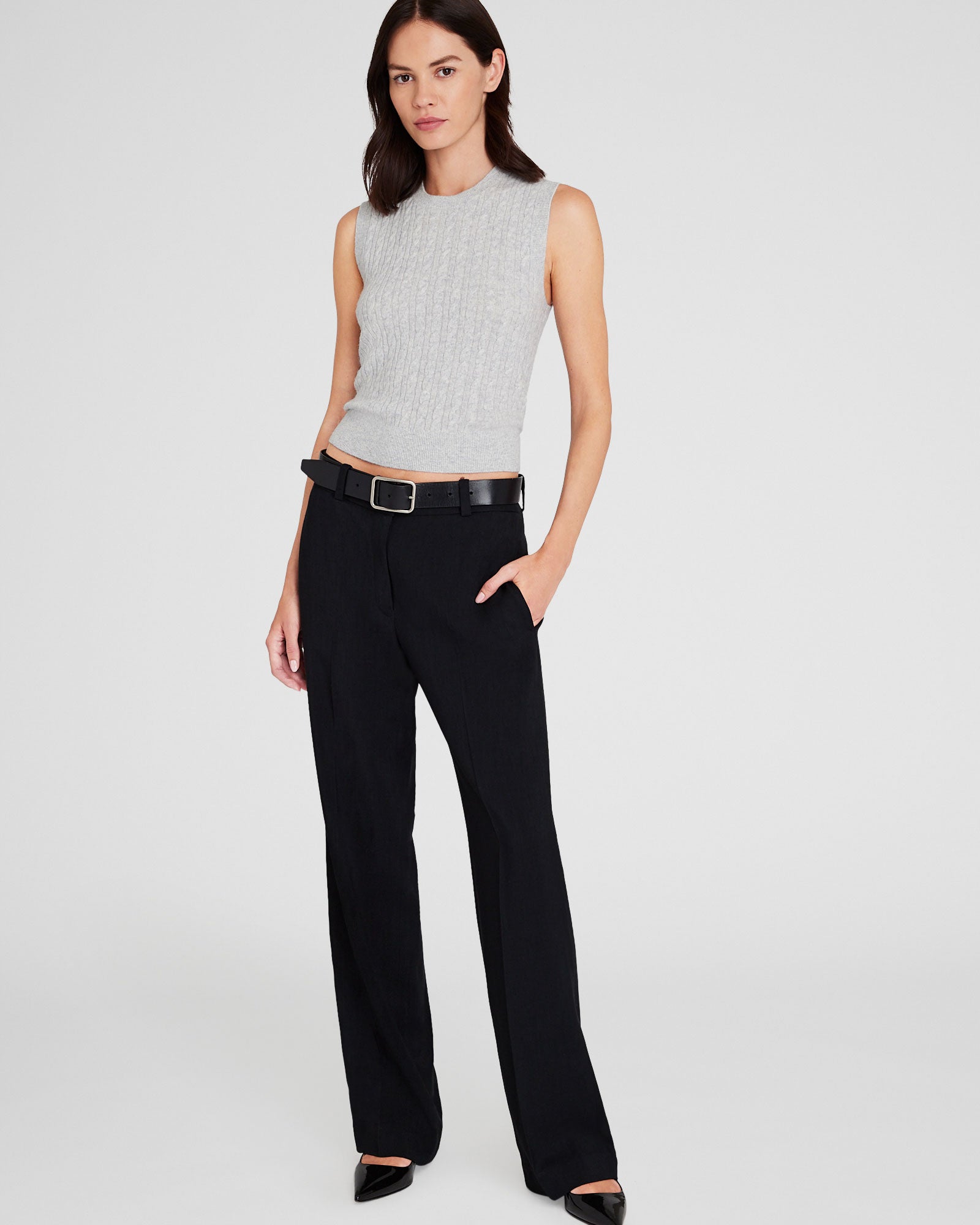 CLUB MONACO - Haut sans manches en cachemire à mini torsades - Gris Chiné Clair