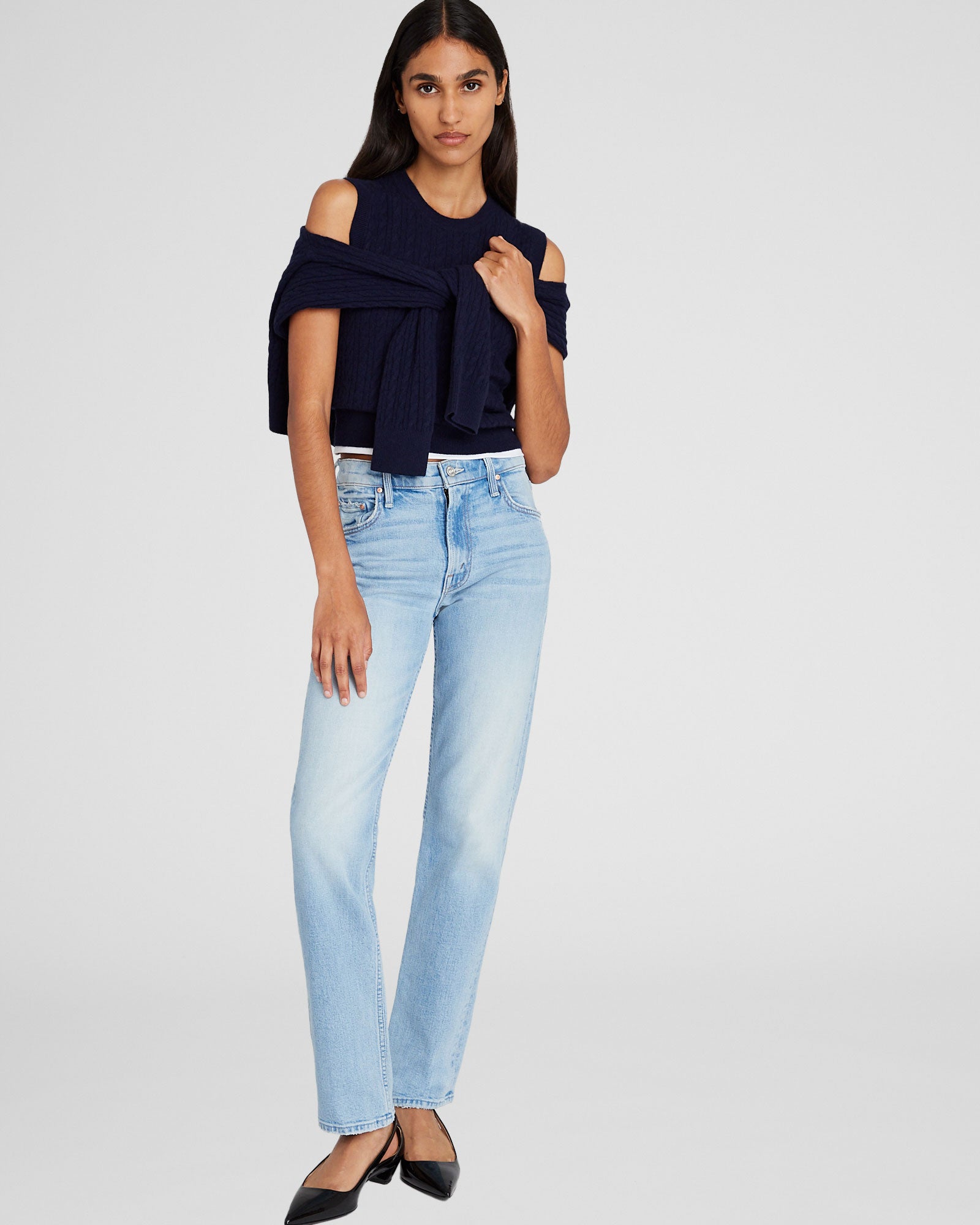 CLUB MONACO - Haut sans manches en cachemire à mini torsades - Marine