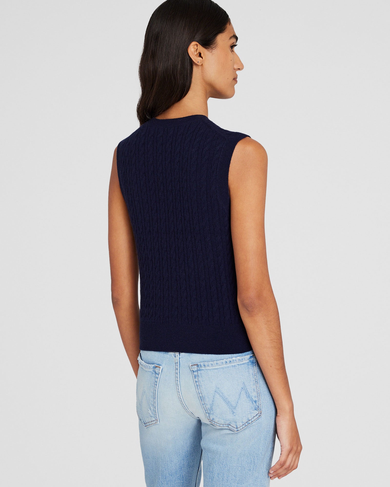 CLUB MONACO - Haut sans manches en cachemire à mini torsades - Marine